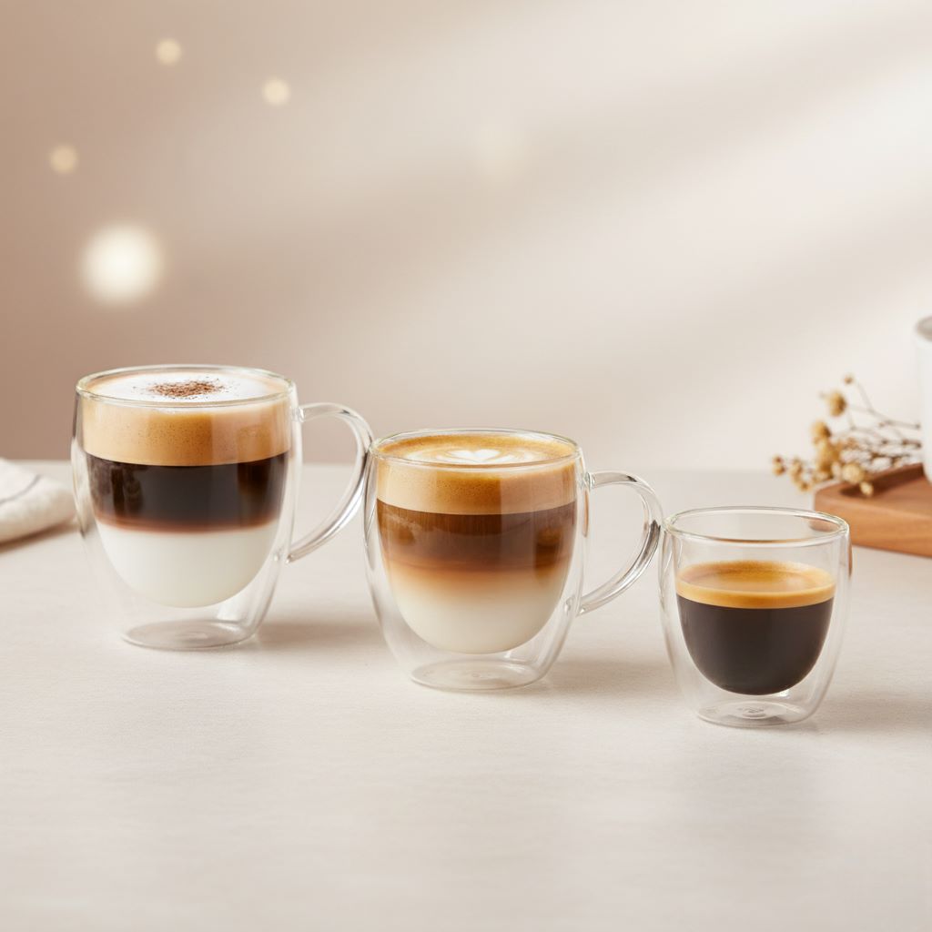 3 cani borosilicate cu perete dublu puse pe o masa bej. Canile sunt de marimi diferite pentru orice tip de cafea, mare - 350ml, mediu - 250ml si mic 100ml.