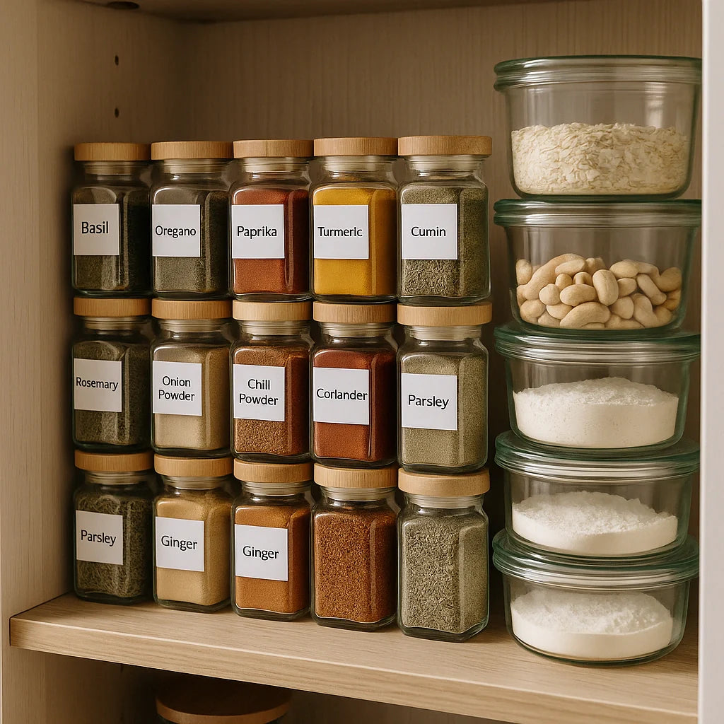 Seturi de condimente din sticlă cu etichete – combinația ideală între organizare și stil