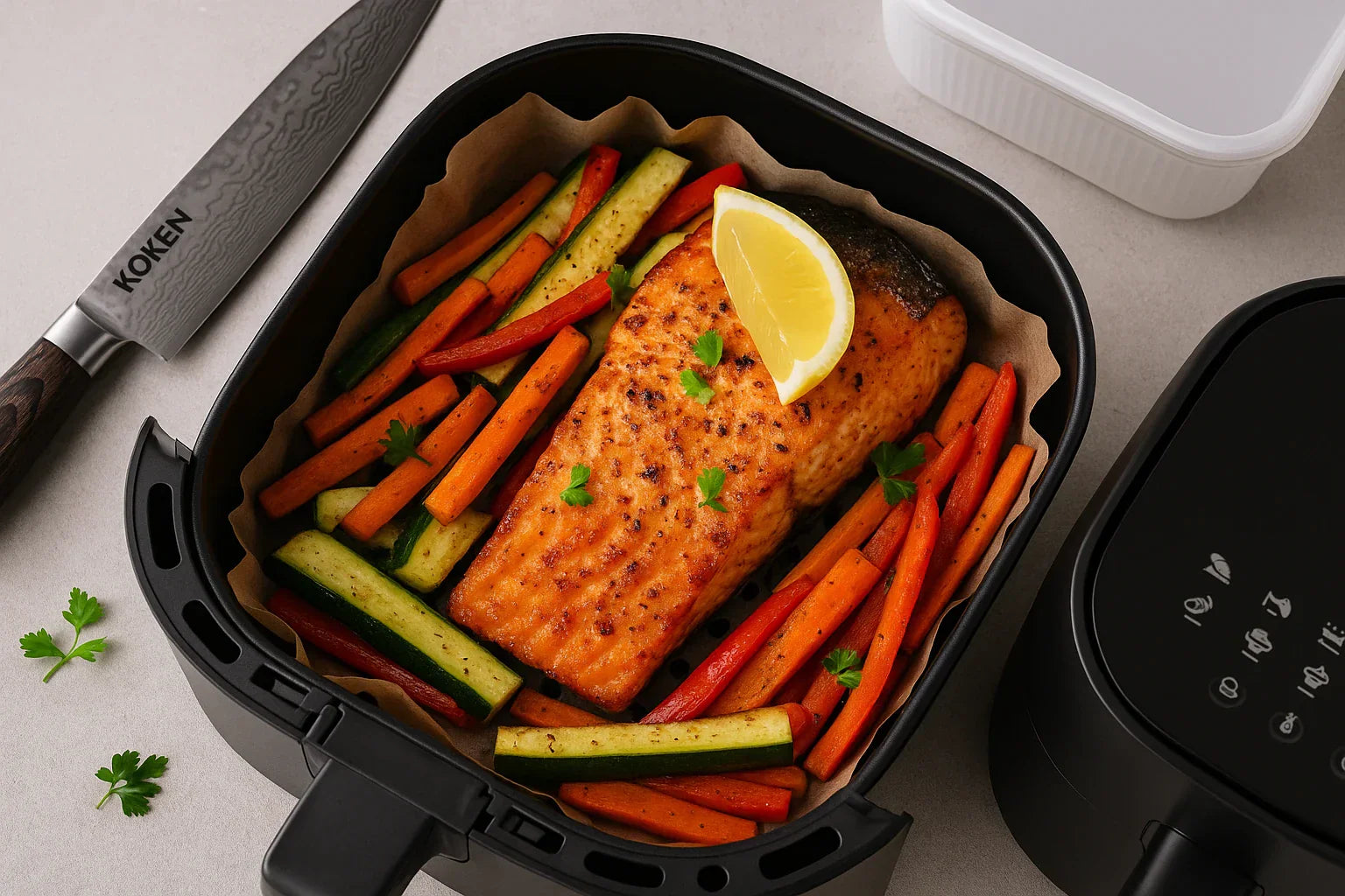 Idee de cină ușoară și gustoasă – somon la air fryer cu legume