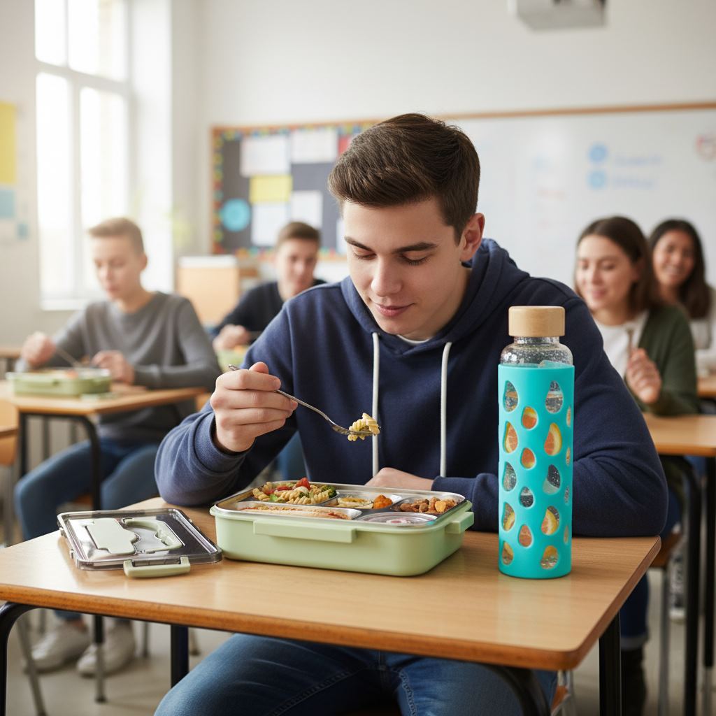 Un elev de clasa a 8-a ia pranzul in clasa folosindu-se de o caserola cu 5 compartimente de culoare verde, tacamurile incluse si o sticla borosilicata de 550ml pentru bautir cu husa din silicon turcoaz foarte frumoasa.