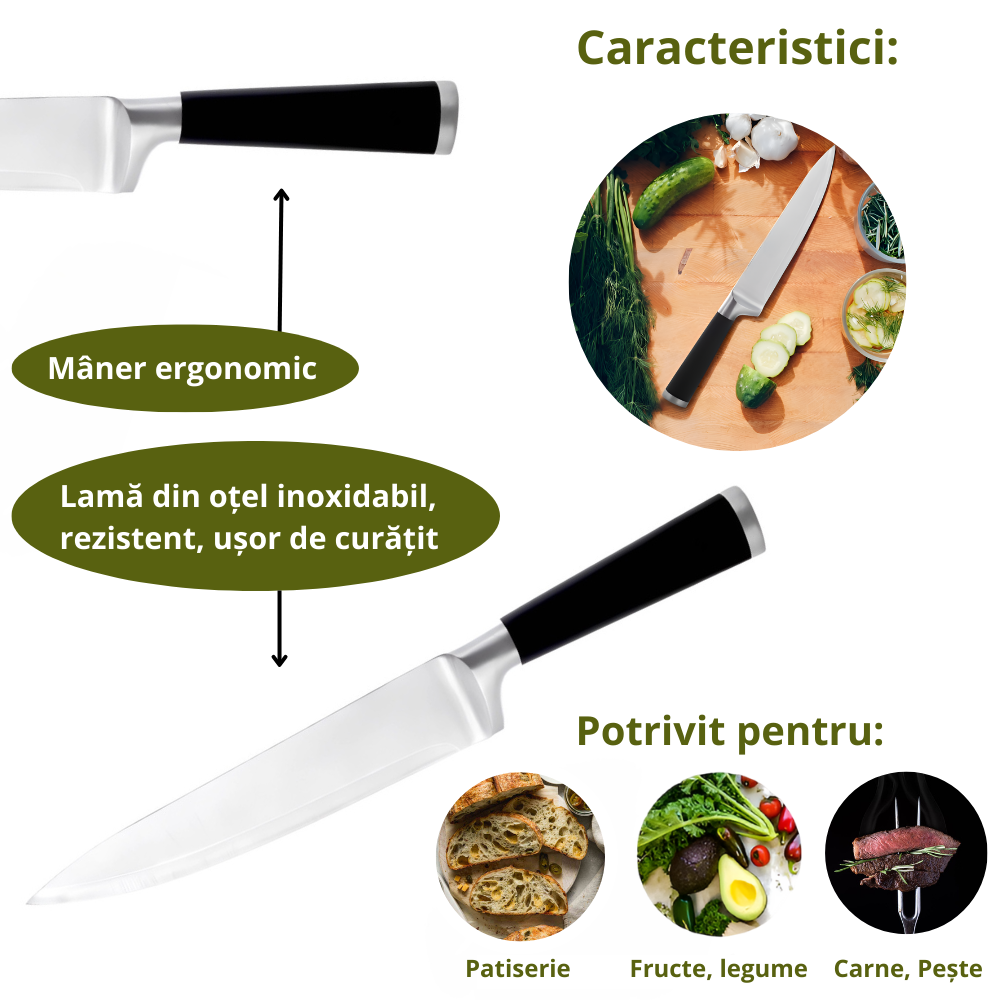 Cutit de bucatarie, 20 cm, lama din otel inoxidabil, 56±HRC, taiere precisa si rezistenta indelungata, maner antiderapant Soft-Touch