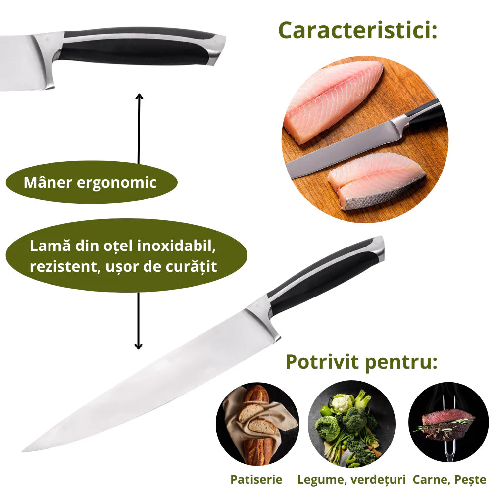 Set 3 cutite pentru bucatarie Koken, otel inoxidabil, feliere si taiere manuala, lama ultra-ascutita, 56-58 HRC, rezistent la coroziune