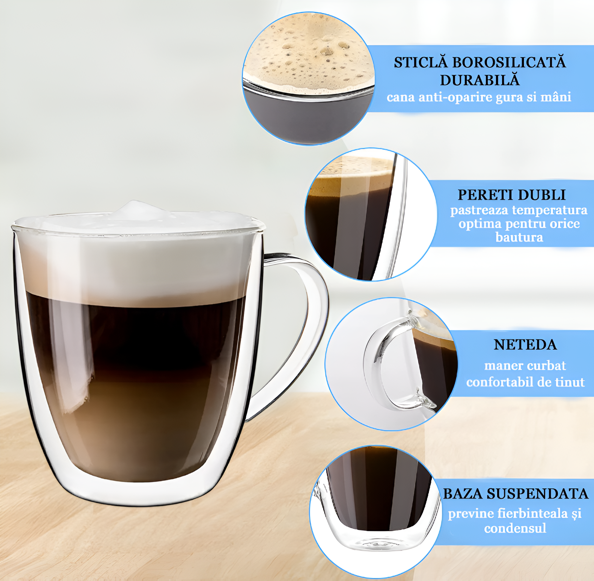 Koken Double Wall Thermos Mug 350 ml, Borosilicate Glass, Transparent Set of 2/4