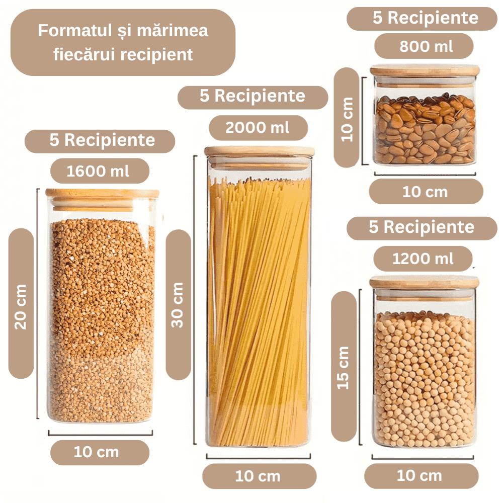 Set of 20 Square Borosilicate Glass Containers with Airtight Bamboo Lids Koken, for Dry Food and Grain Storage,