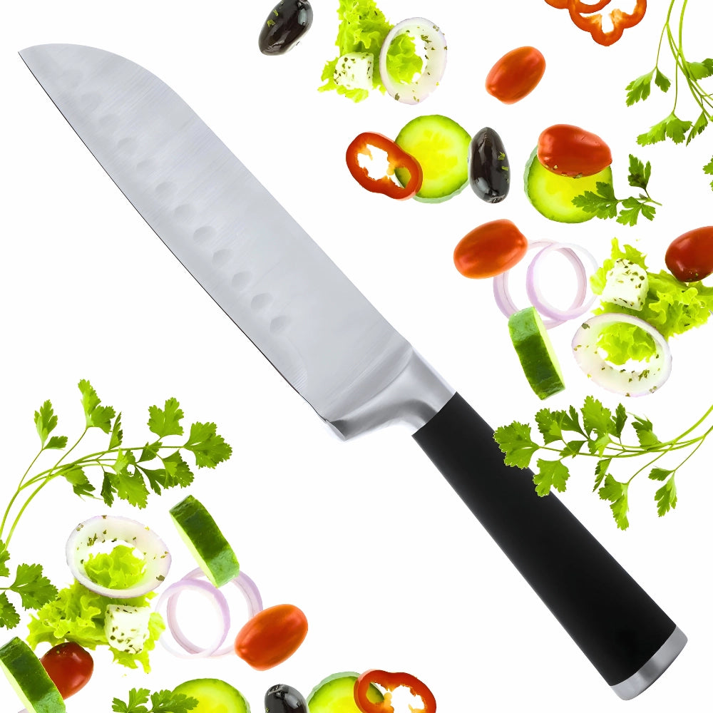 Cutit japonez de bucatarie model Santoku, Koken, lama otel inoxidabil 16,5 cm, maner soft-touch, versatil in utilizare