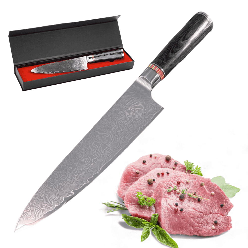 Professional Japanese Damascus steel knife, 67 layers, 20 cm blade, Pakka wood handle, Corrosion Resistant, Black