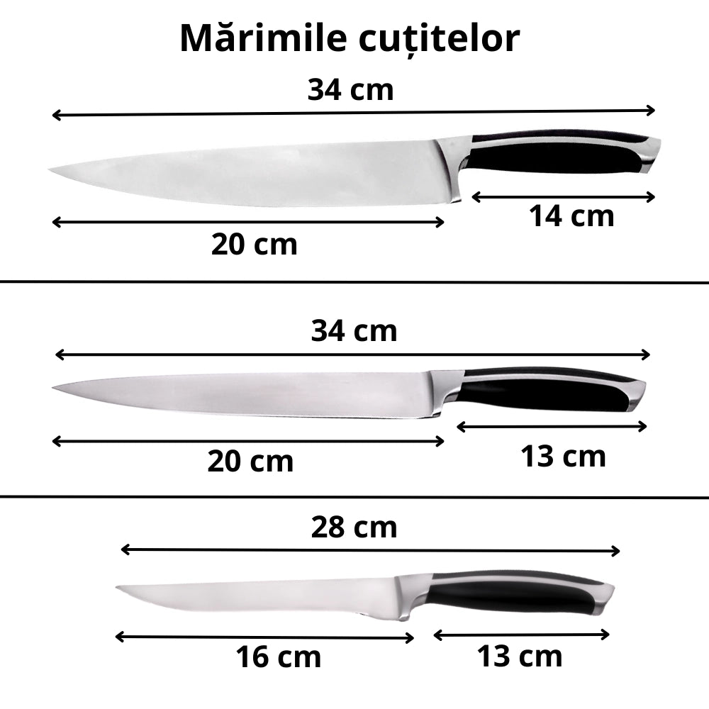 Set 3 cutite pentru bucatarie Koken, otel inoxidabil, feliere si taiere manuala, lama ultra-ascutita, 56-58 HRC, rezistent la coroziune