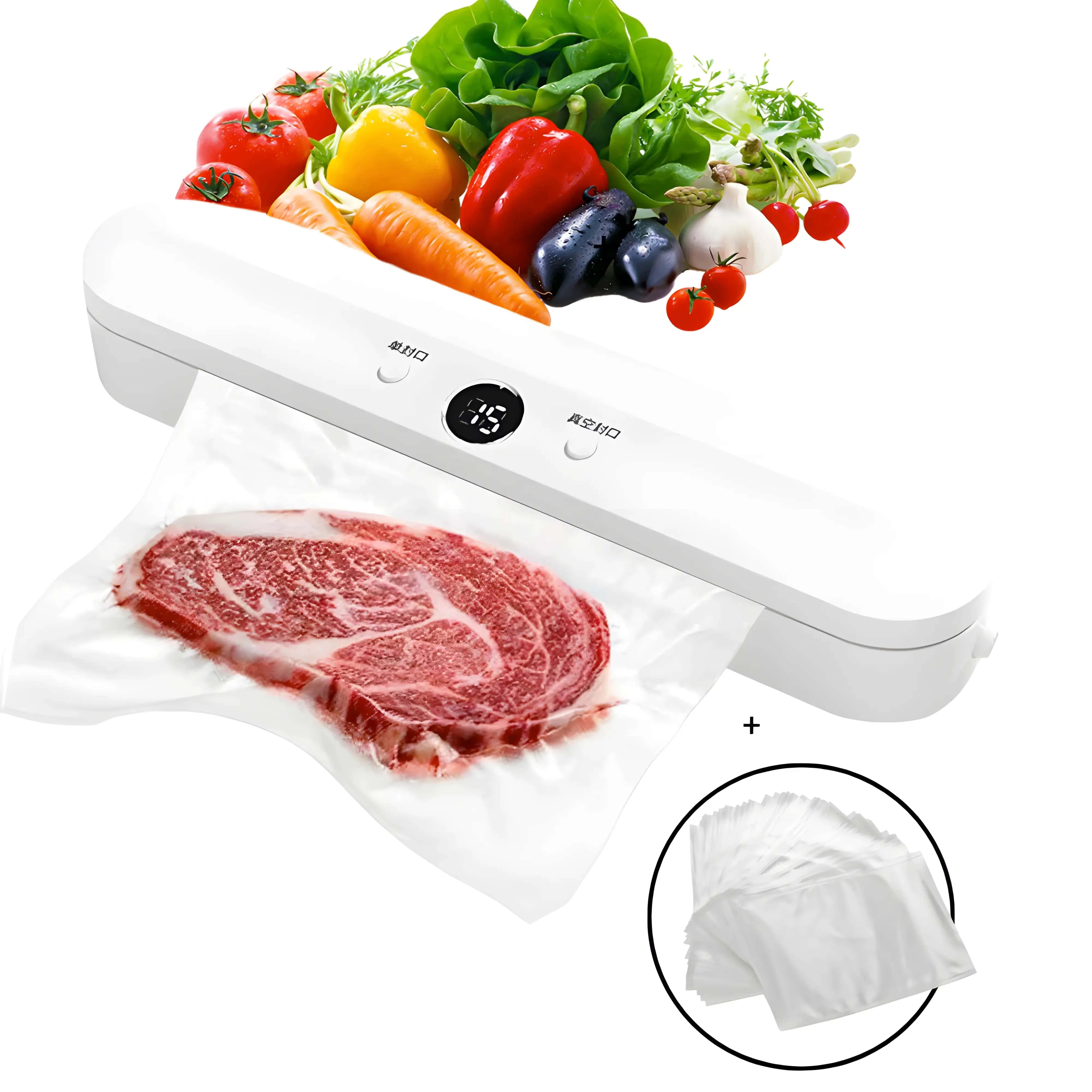 Imagine care prezintă un aparat alb de vidat alimente, folosit pentru sigilarea pungilor. Sunt incluse și câteva pungi gofrate pentru vidat care vin în set cu aparatul.