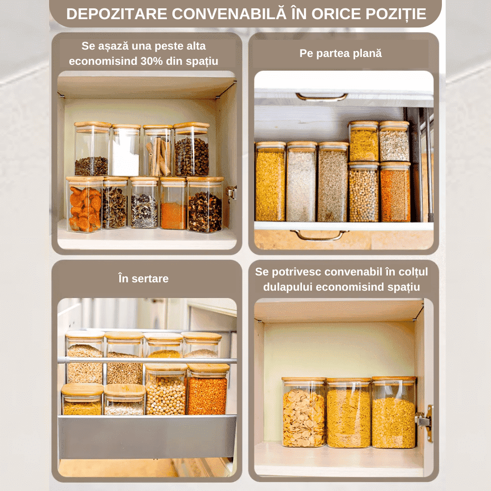 Set 20 Recipiente depozitare alimente Koken, Borcane din sticla borosilicata cu capac din bambus ermetic, recipiente patrate, transparente + stickere, marker