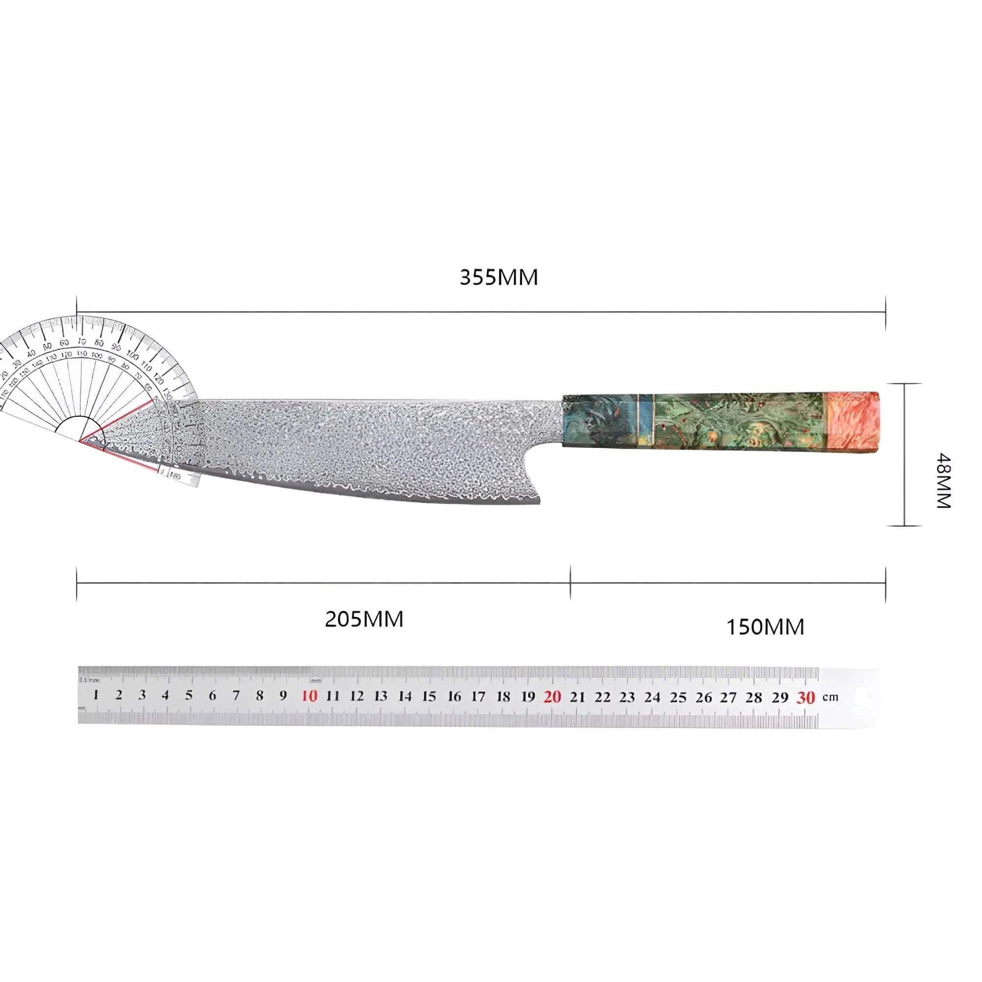 In sunt prezentate marimile cutitului: 35,5 cm x 0,48 cm. Lungimea manerului - 15 cm.