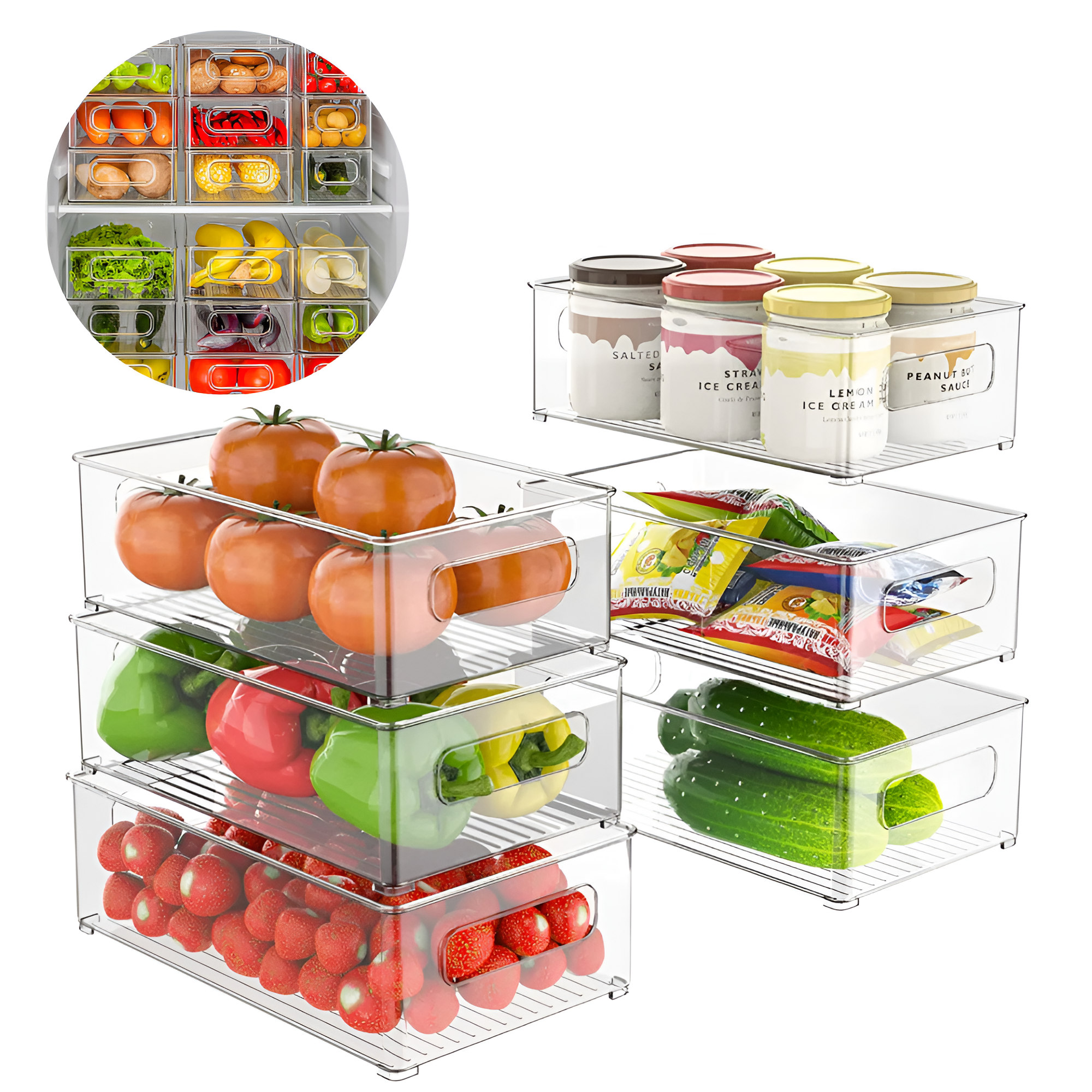 Set Cutii de depozitare Koken, pentru frigider, birou, bucatarie, pot fi si suprapuse, transparente si usor de curatat, 25,5 x 15 x 7,5 cm