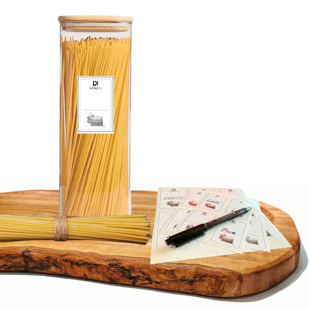 Recipient depozitare alimente, borcan de sticla cu capac etans de 2 L, Koken cutie depozitare alimentara, Forma Patrata, Sticla Borosilicata/Capac Bambus, Transparent + Autocolante si markere