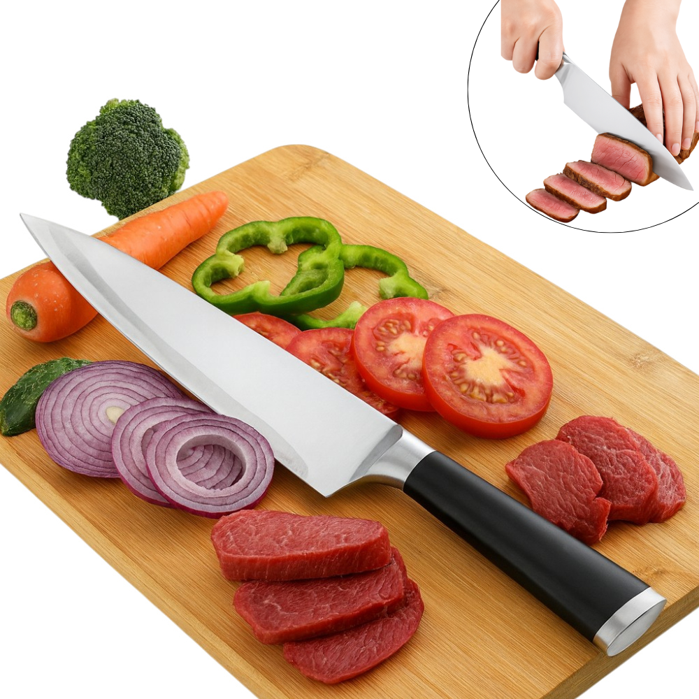 Cutit de bucatarie, 20 cm, lama din otel inoxidabil, 56±HRC, taiere precisa si rezistenta indelungata, maner antiderapant Soft-Touch