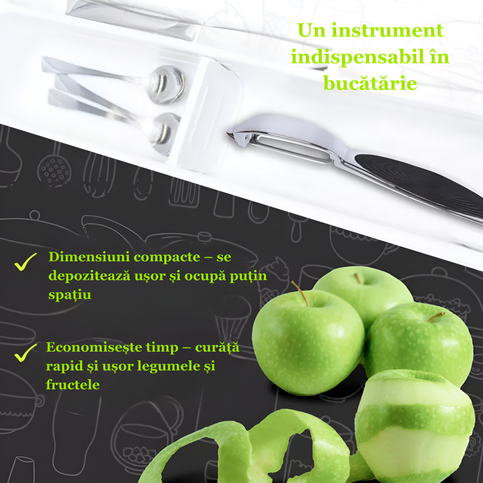 Dispozitiv pentru decojire legume si fructe Koken, Curatator cu aliaj de Zinc, Ustensila pentru decojit 2/1, varf ascutit, design ergonomic, anti-alunecare, multifunctional, 17 x 1,5 cm, Negru/Argintiu