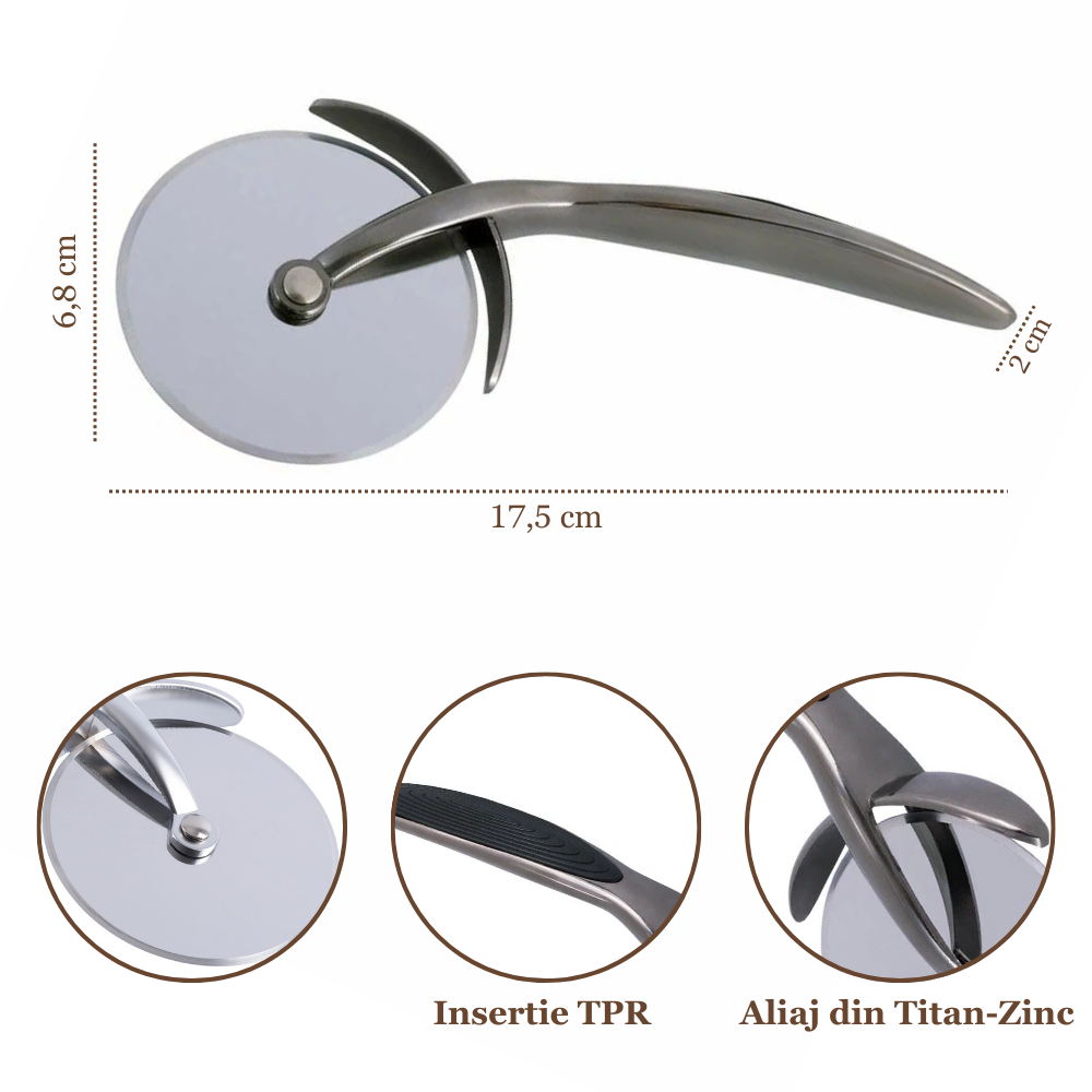 Cuțit pentru pizza 17,5 cm Koken, mâner ergonomic anti-alunecare, cutter pentru pizza/tartă cu crustă tare, tăiere precisă, zinc, diametru 6,8 cm, Negru