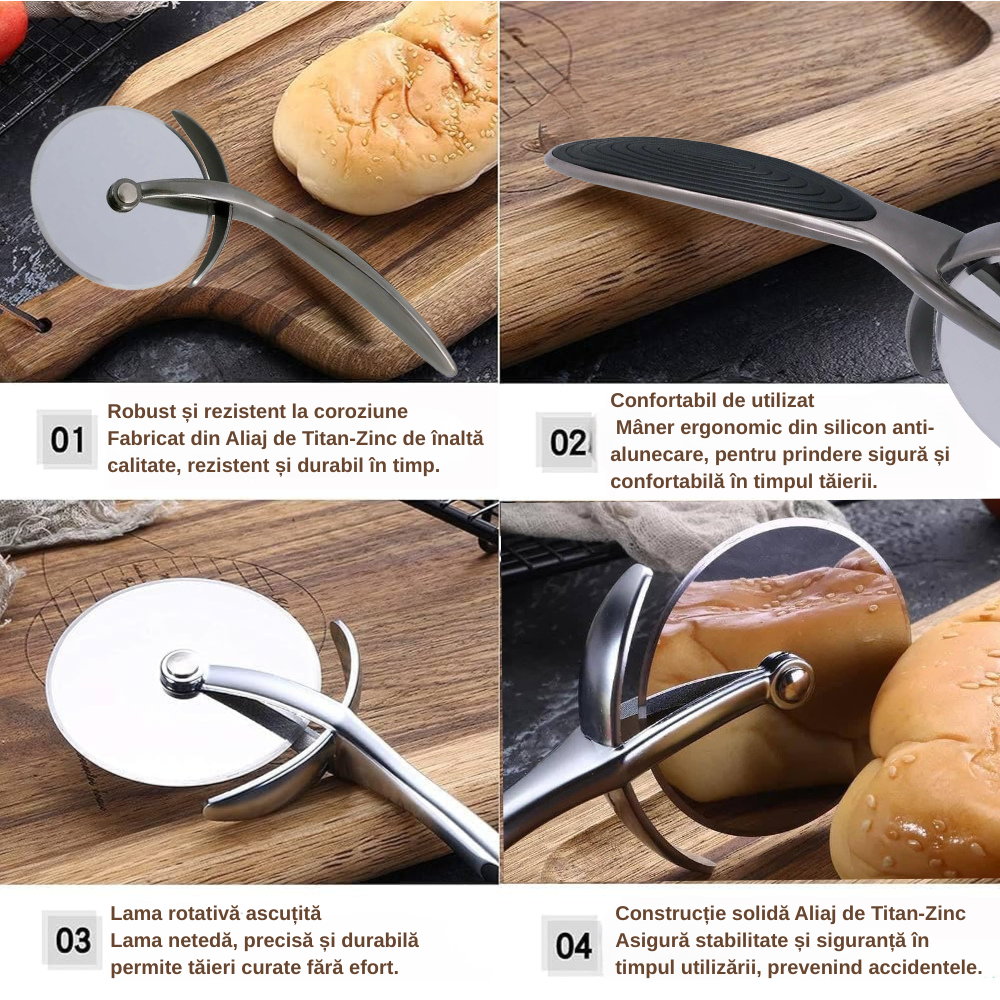 Cuțit pentru pizza 17,5 cm Koken, mâner ergonomic anti-alunecare, cutter pentru pizza/tartă cu crustă tare, tăiere precisă, zinc, diametru 6,8 cm, Negru