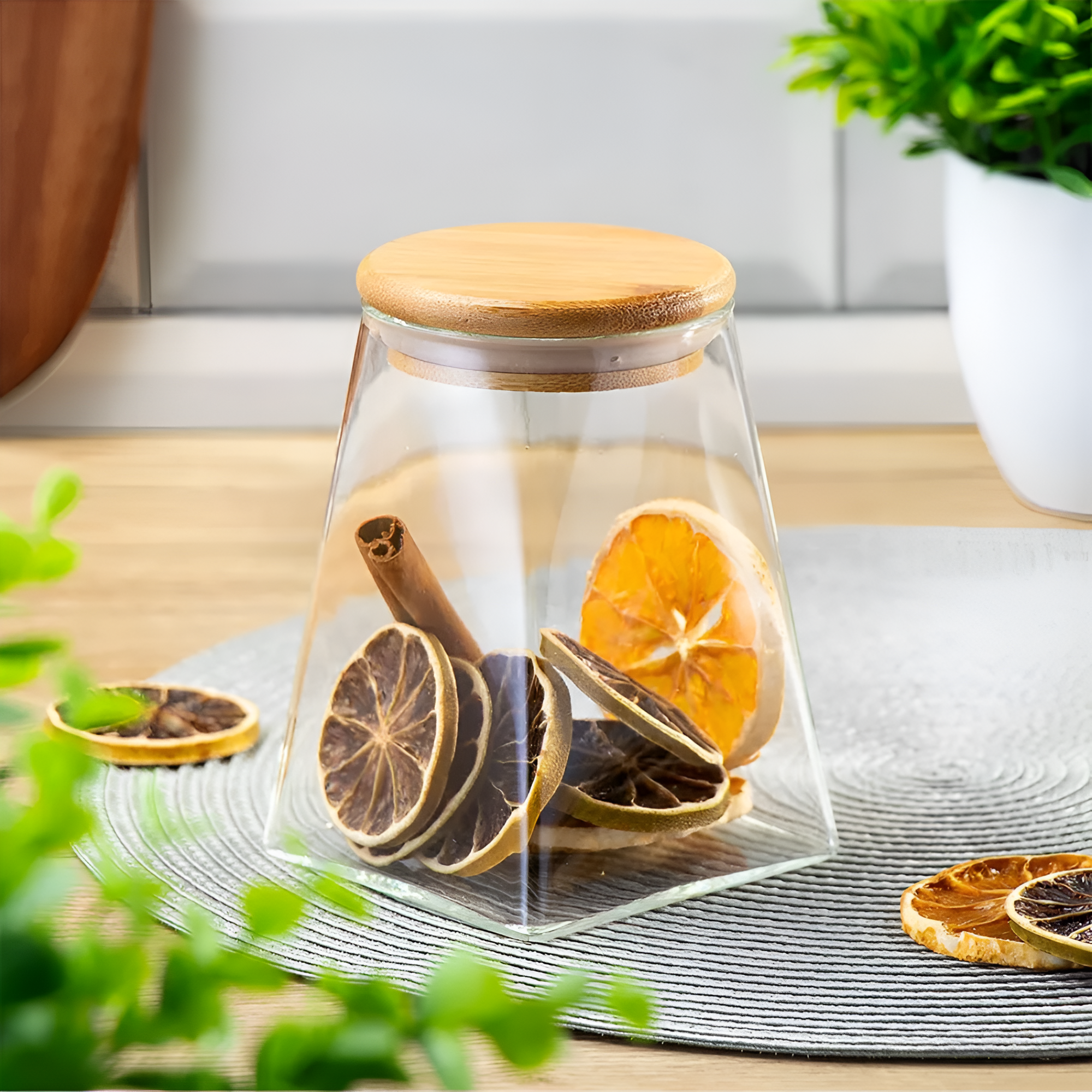 Creează-ți propriul Set de recipiente din sticlă Koken, Borcane cu capac din bambus ermetic, forma trapezoidală, transparente + stickere, marker, 350/600/900 ml