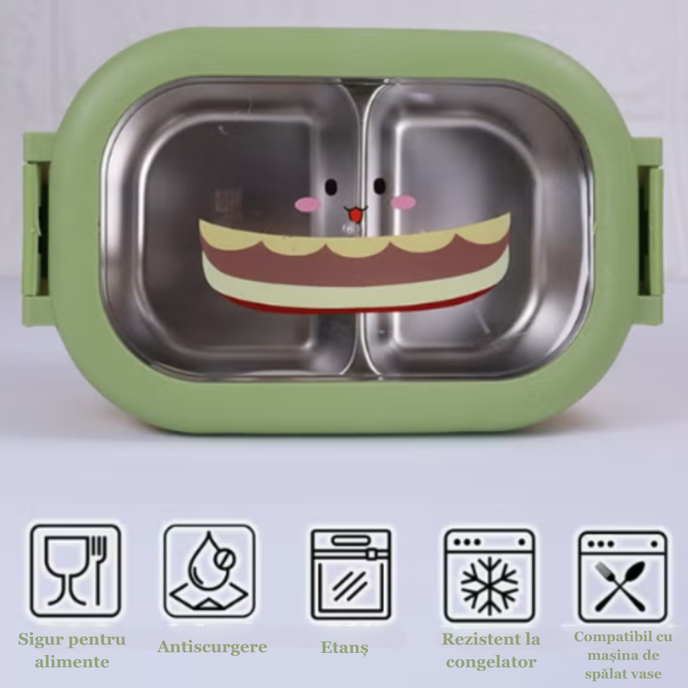 Cutie pentru pranz Koken, Lunch Inox, Caserola copii scoala cu 2 Compartimente, Lingura inclusa, Verde