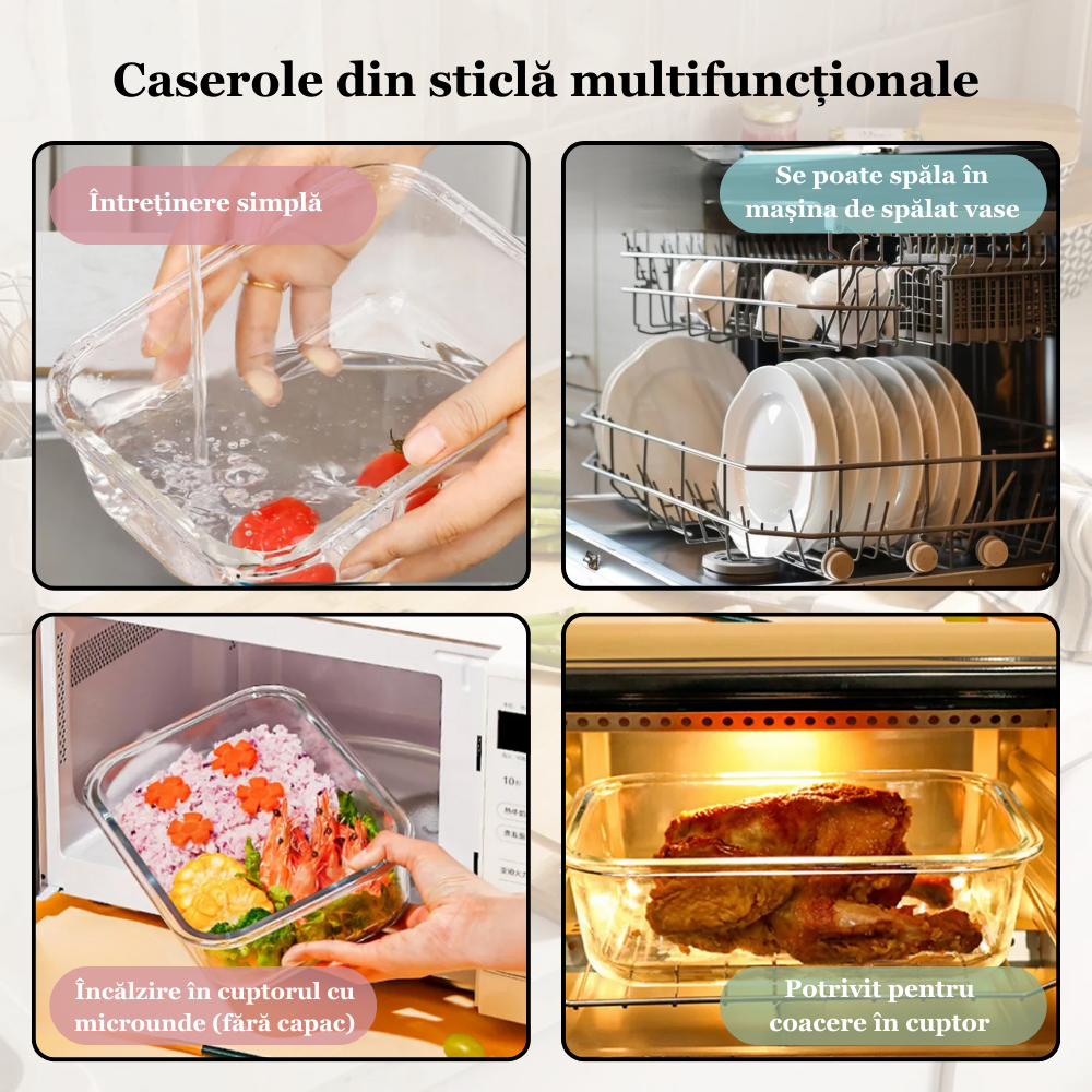 Set 3 caserole compartimentate din sticla Koken, 410ml/700ml/1040 ml, etanse, garnitura detasabila, inchidere ermetica, sticla dubla, fara BPA, casolete pentru mancare, Verde/Roz/Albastru