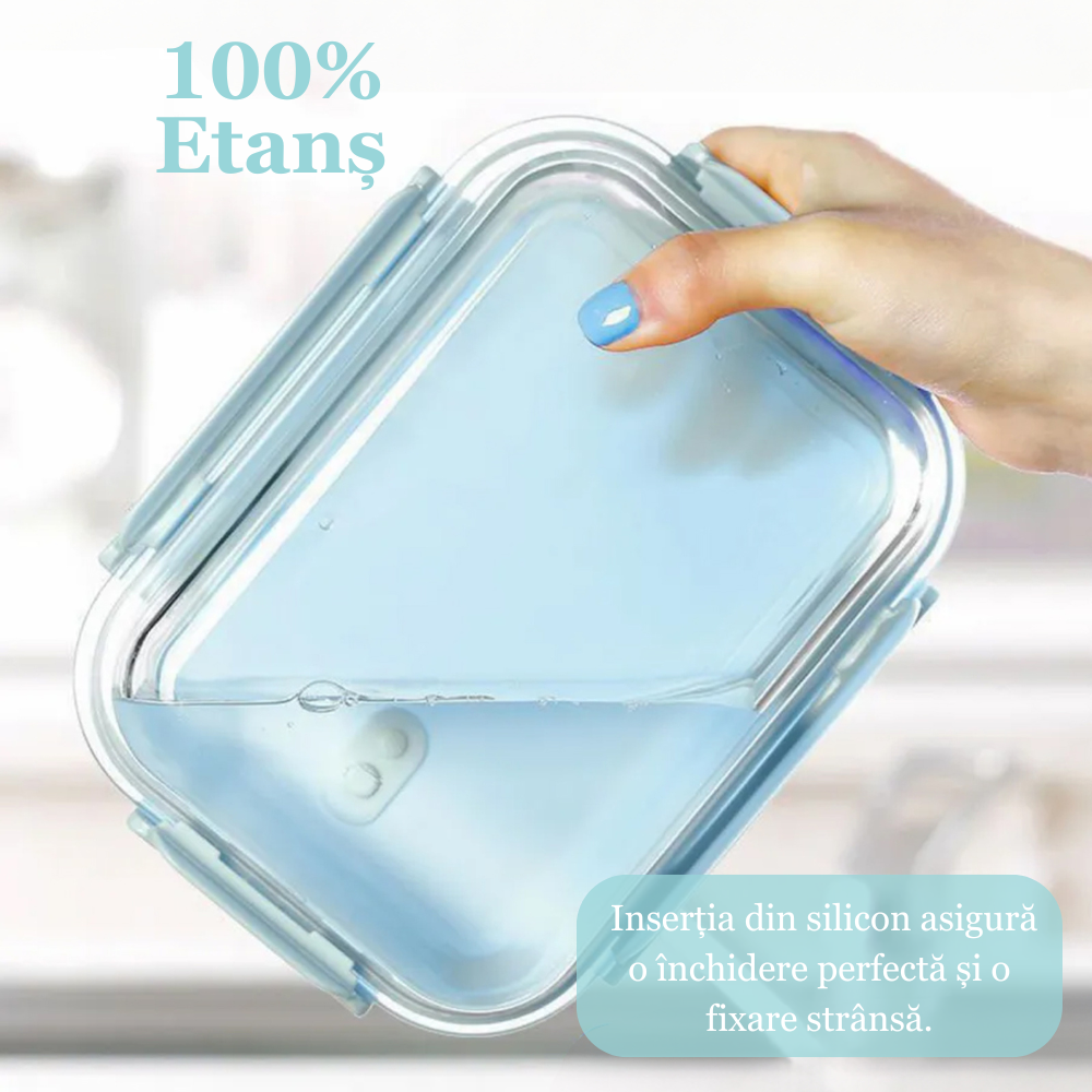 Set 3 caserole compartimentate din sticla Koken, 410ml/700ml/1040 ml, etanse, garnitura detasabila, inchidere ermetica, sticla dubla, fara BPA, casolete pentru mancare, Verde/Roz/Albastru