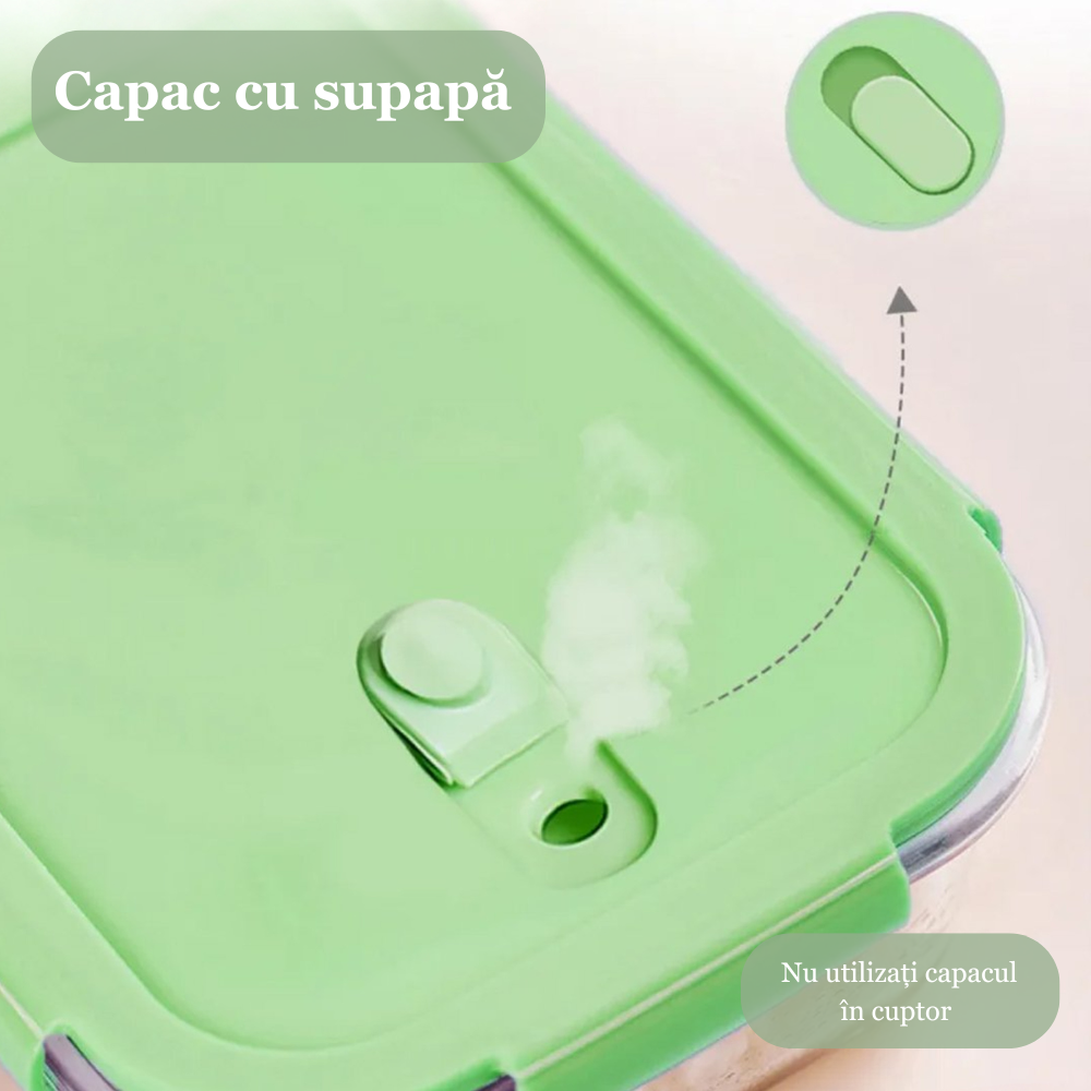 Set 3 caserole compartimentate din sticla Koken, 410ml/700ml/1040 ml, etanse, garnitura detasabila, inchidere ermetica, sticla dubla, fara BPA, casolete pentru mancare, Verde/Roz/Albastru