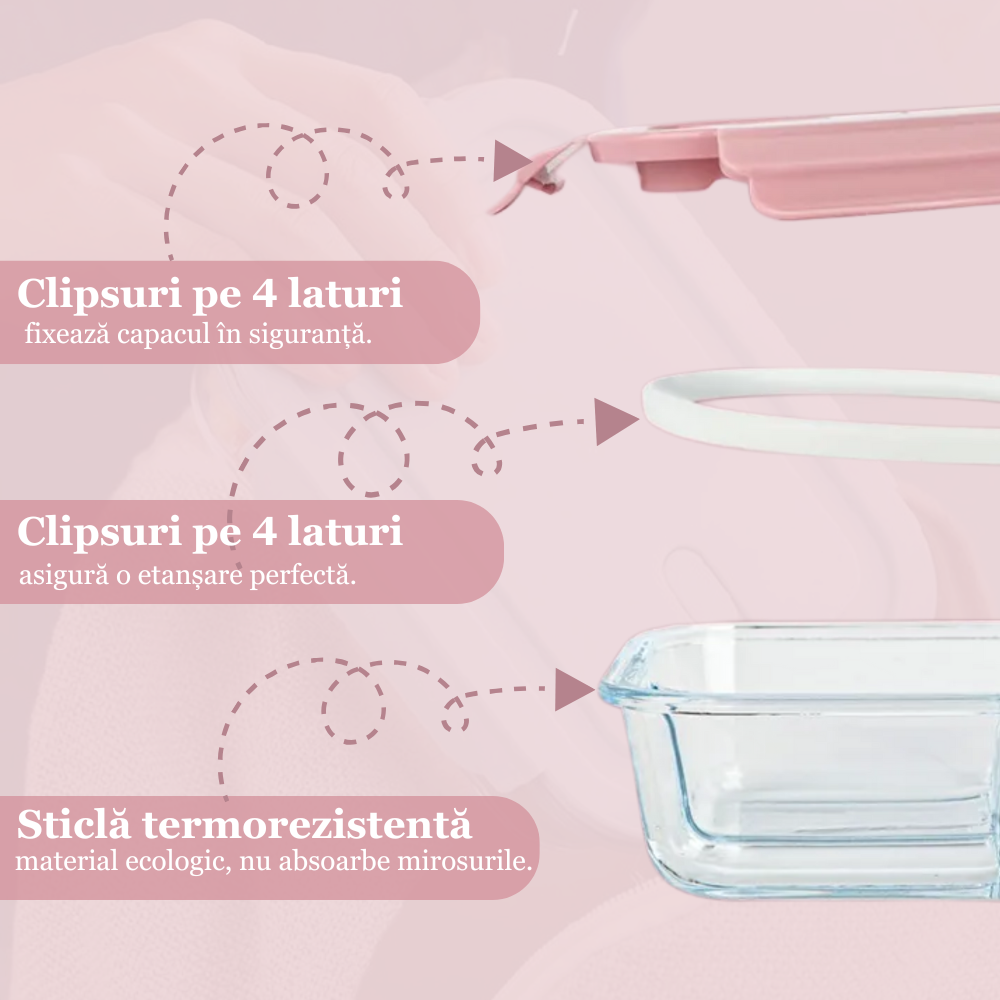 Set 3 caserole compartimentate din sticla Koken, 410ml/700ml/1040 ml, etanse, garnitura detasabila, inchidere ermetica, sticla dubla, fara BPA, casolete pentru mancare, Verde/Roz/Albastru