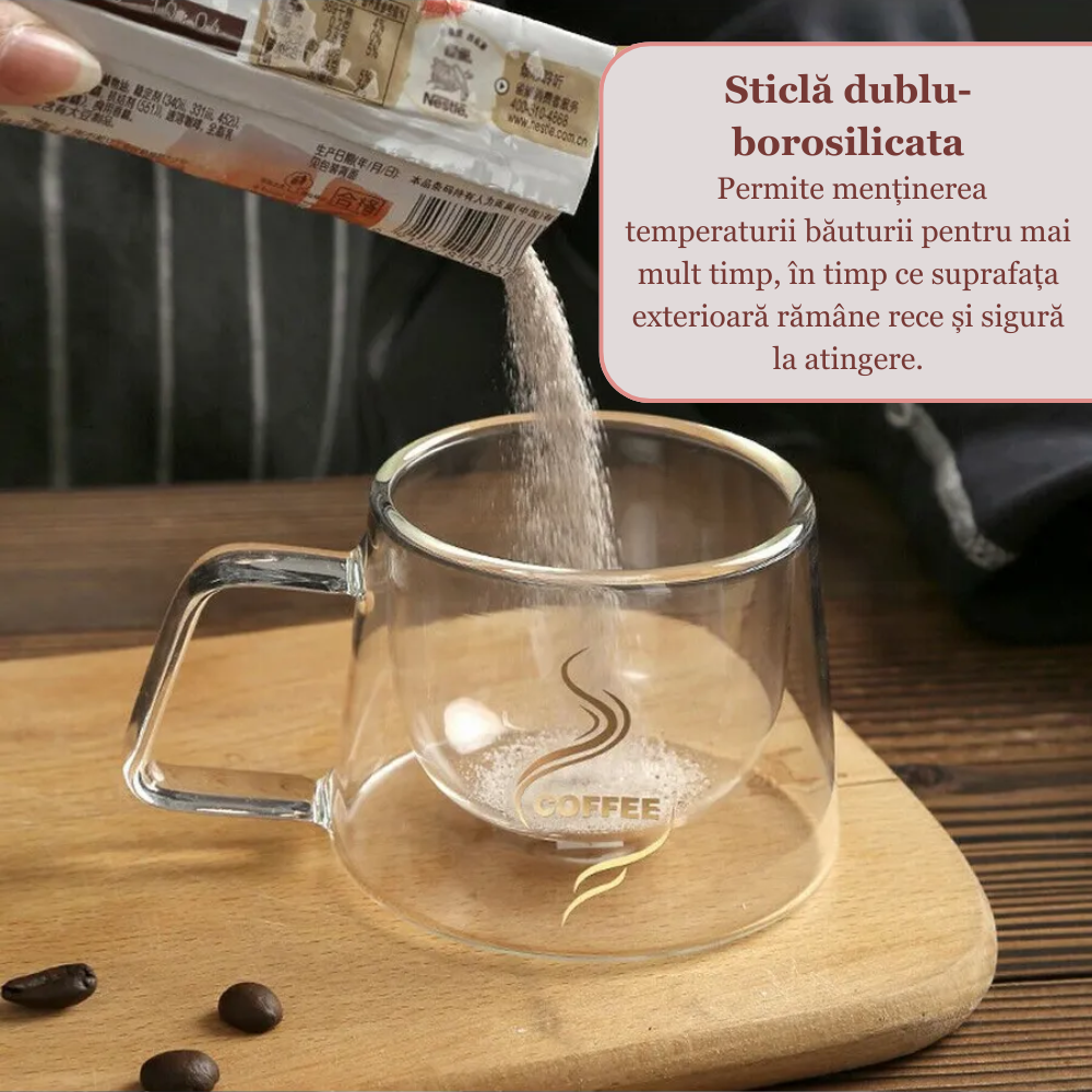 Cana pentru ceai si cafea din sticla termorezistente cu pereti dubli Koken, 200 ml, Sticla borosilicata, ceasca eleganta si transparenta