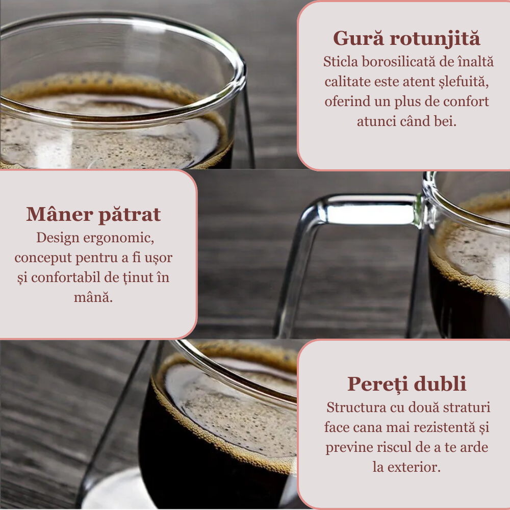 Cana pentru ceai si cafea din sticla termorezistente cu pereti dubli Koken, 200 ml, Sticla borosilicata, ceasca eleganta si transparenta