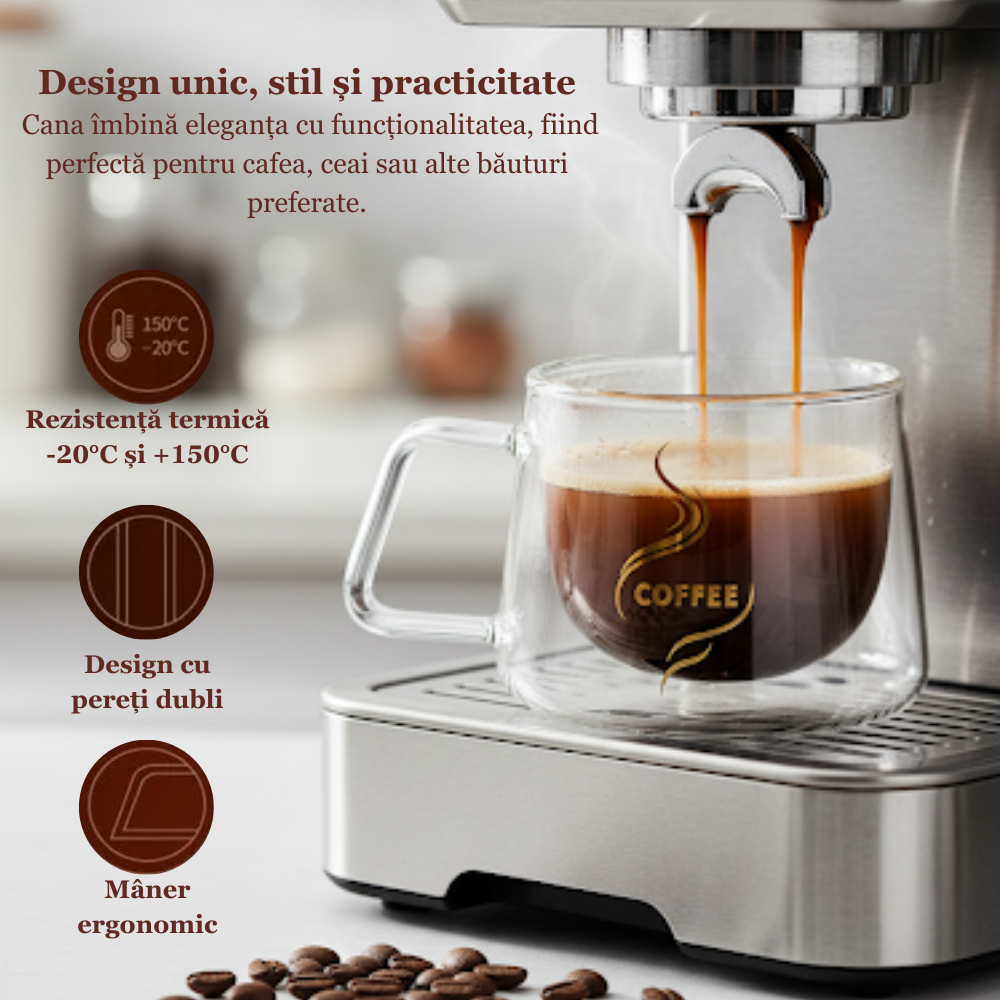 Cana pentru ceai si cafea din sticla termorezistente cu pereti dubli Koken, 200 ml, Sticla borosilicata, ceasca eleganta si transparenta