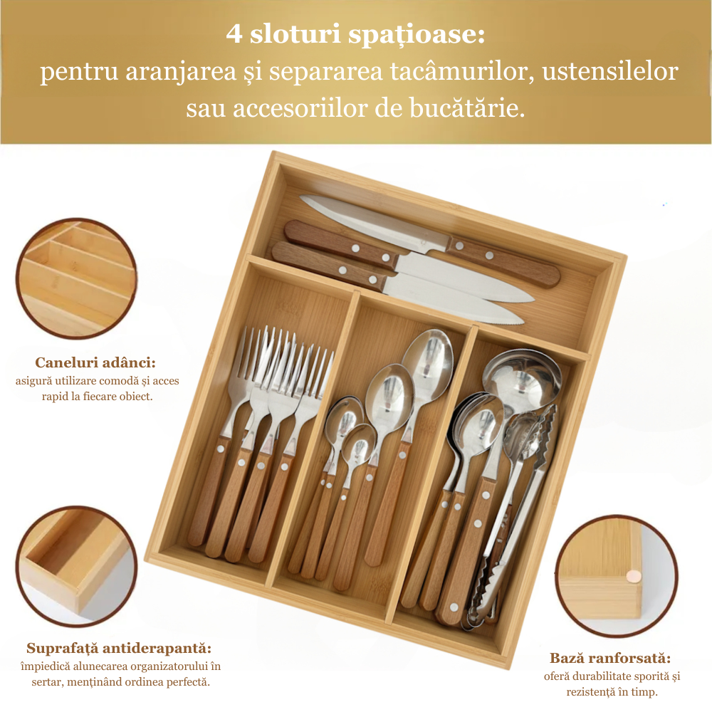 Suport tacamuri, ustensile de Bucatarie Koken, 4 compartimente, organizator multifunctional pentru sertar, Spatios, material durabil, usor de curatat, compact, design modern, 33x25x 4,3 cm, Lemn