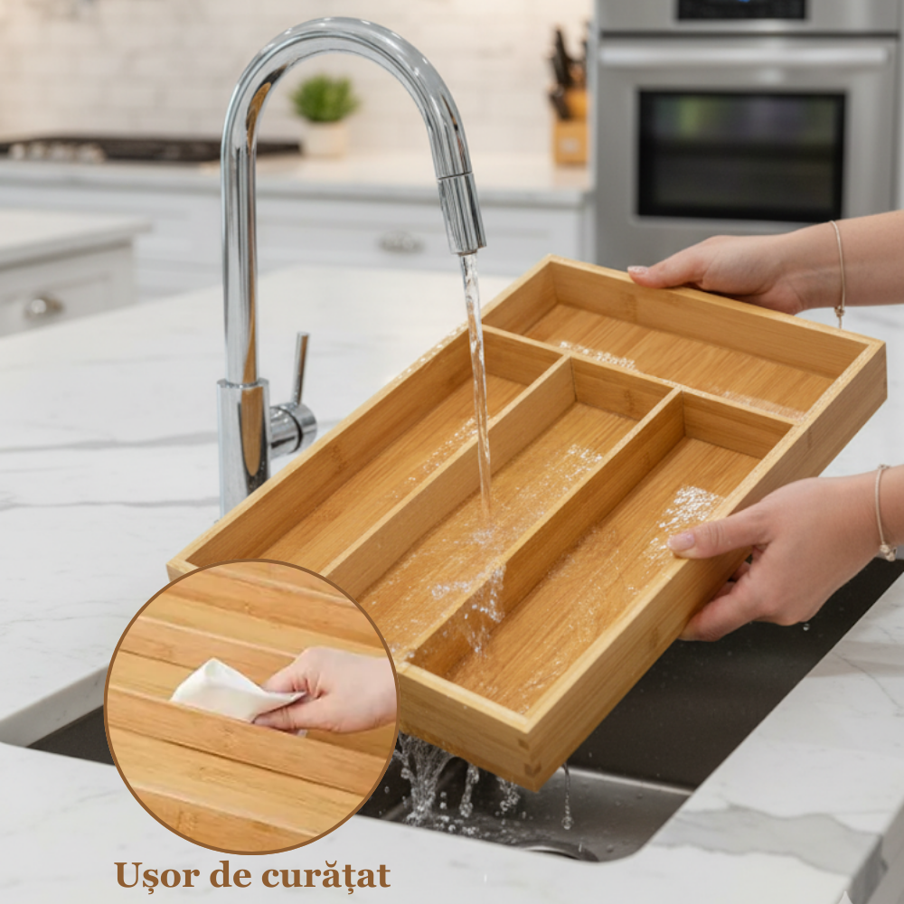 Suport tacamuri, ustensile de Bucatarie Koken, 4 compartimente, organizator multifunctional pentru sertar, Spatios, material durabil, usor de curatat, compact, design modern, 33x25x 4,3 cm, Lemn