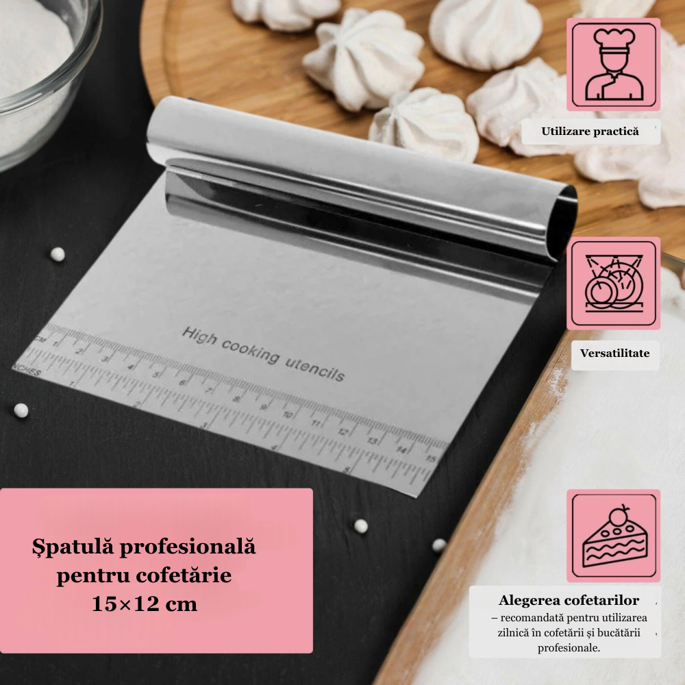 Spatula pentru taiat aluat Koken, Inox, Gadget de bucatarie multifunctional, Taietor Aluat, Usor de curatat, Confortabil antiderapant, 15x12 cm, Argintiu