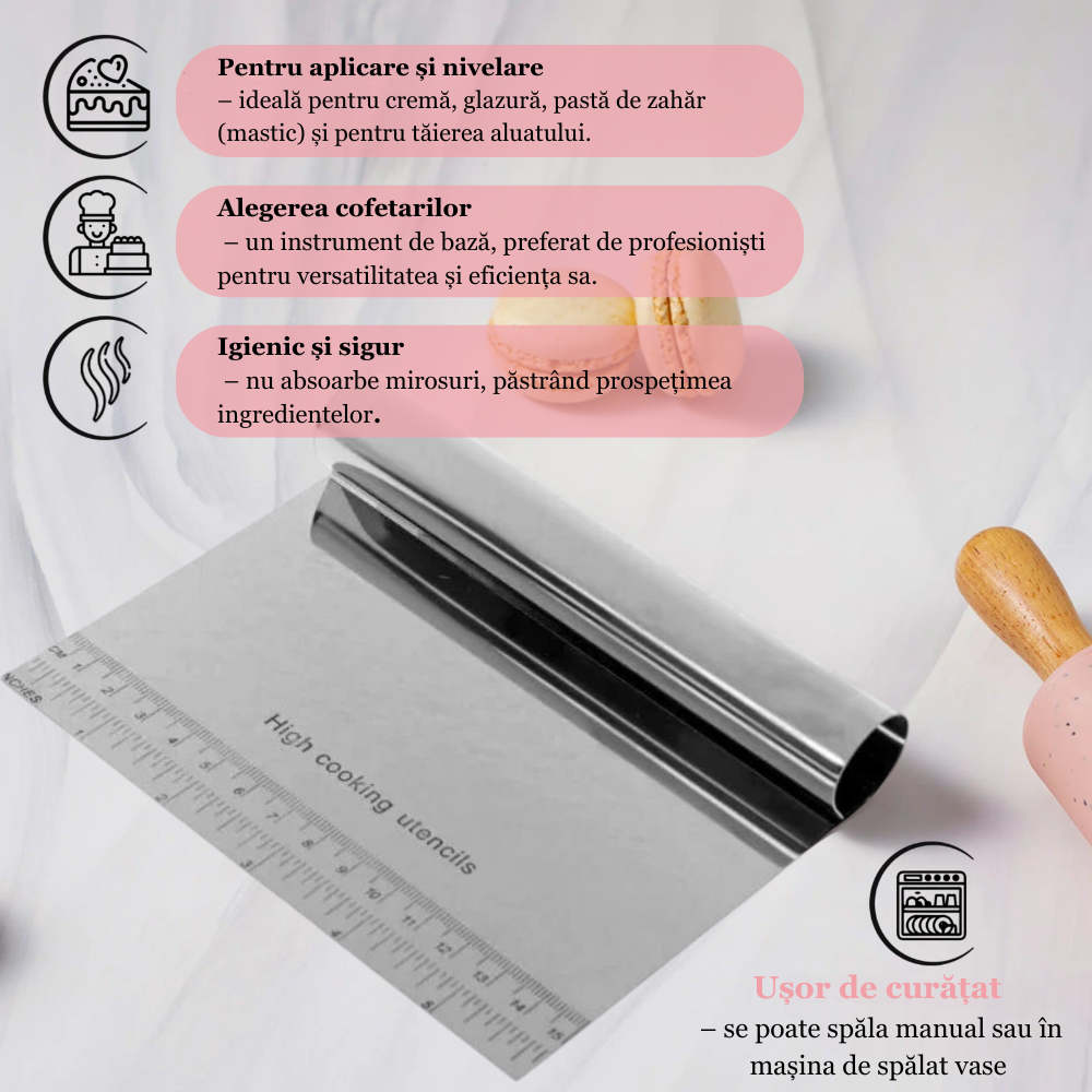 Spatula pentru taiat aluat Koken, Inox, Gadget de bucatarie multifunctional, Taietor Aluat, Usor de curatat, Confortabil antiderapant, 15x12 cm, Argintiu