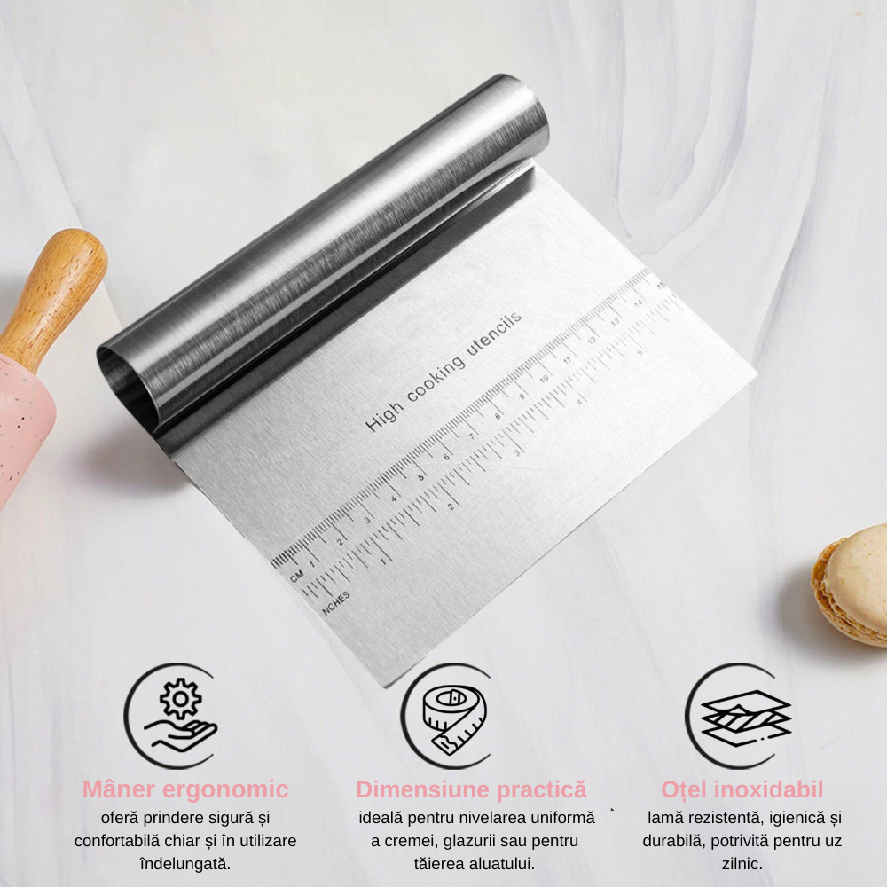 Spatula pentru taiat aluat Koken, Inox, Gadget de bucatarie multifunctional, Taietor Aluat, Usor de curatat, Confortabil antiderapant, 15x12 cm, Argintiu