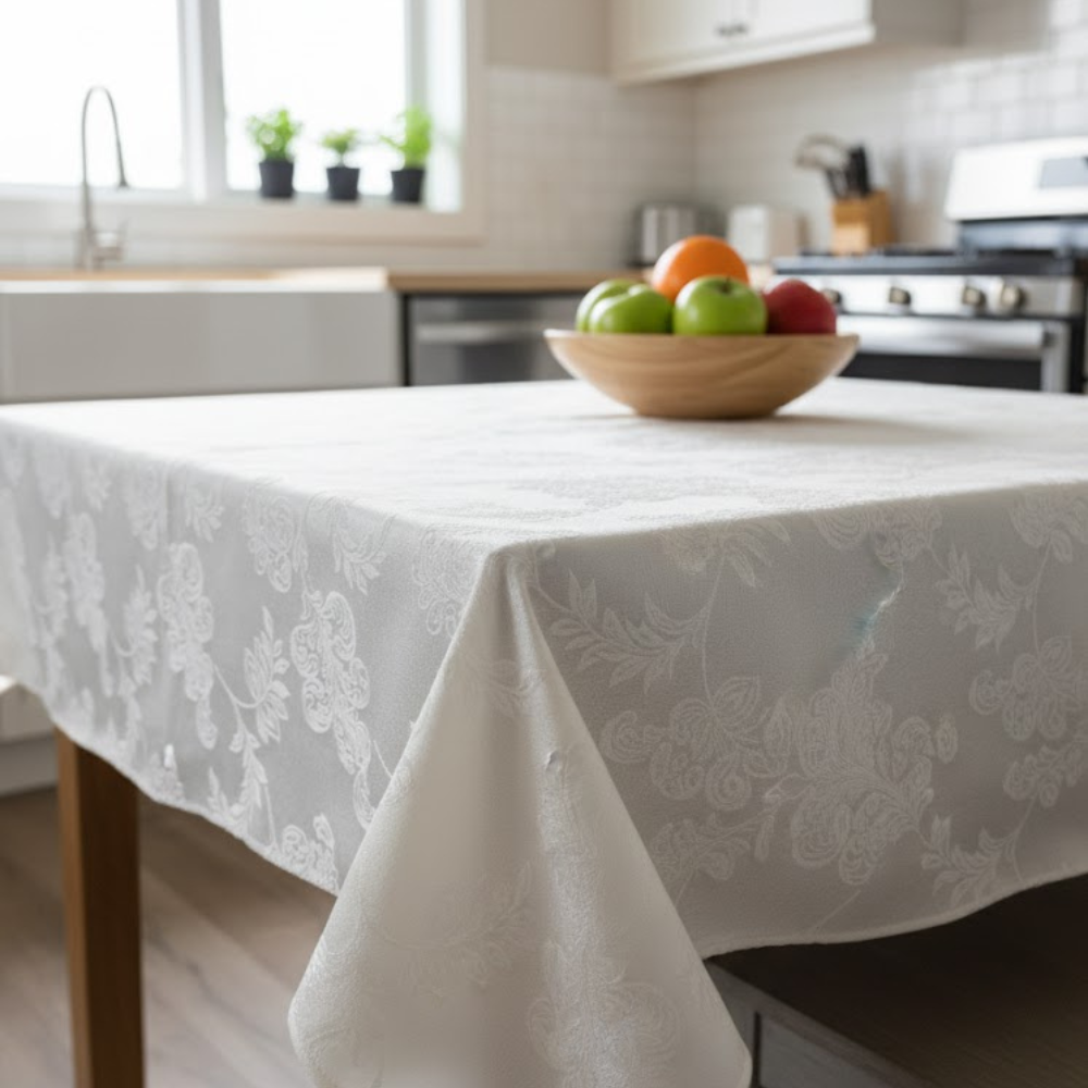 Față de masă 180x140cm dreptunghiulară impermeabilă cu 6 șervetele 40x40cm Koken, 100% Bumbac, Reutilizabila, Fara decolorare, Usor de curatat, Potrivit pentru bucatarie, sufragerie, Alb