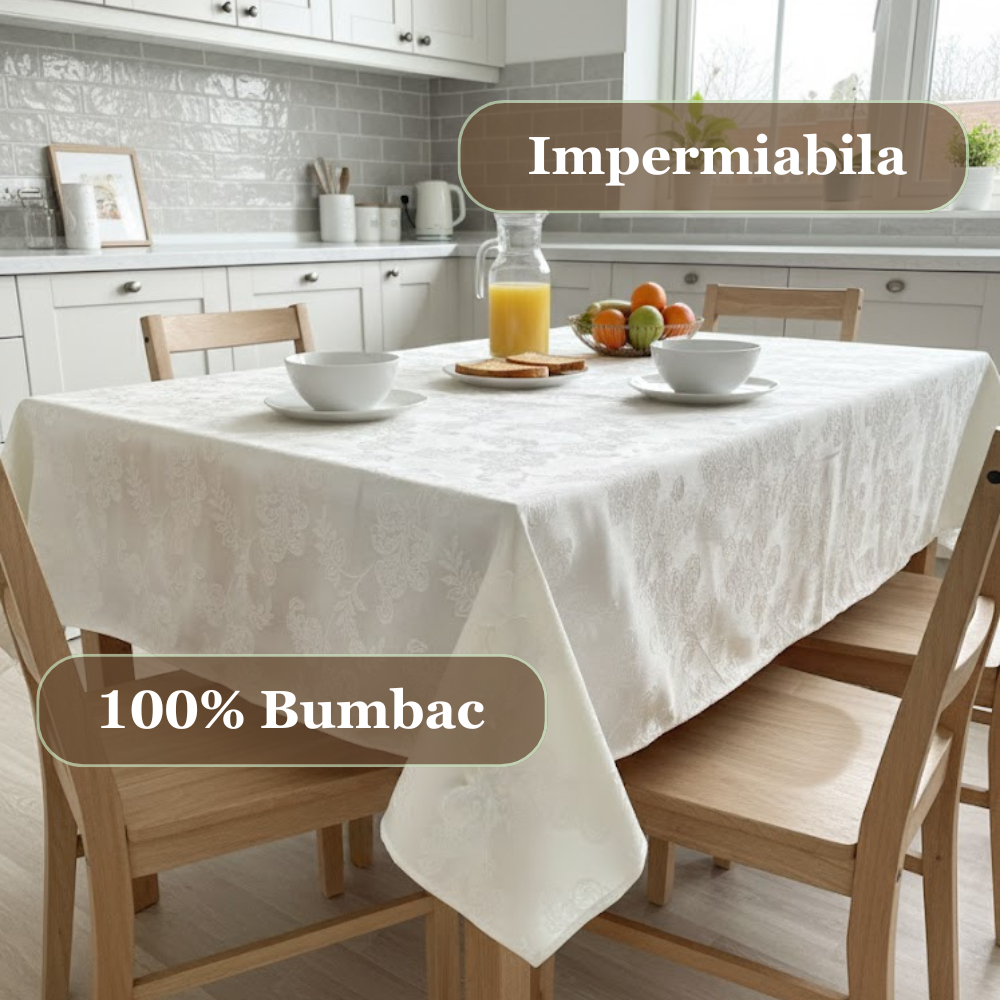 Față de masă 180x140cm dreptunghiulară impermeabilă cu 6 șervetele 40x40cm Koken, 100% Bumbac, Reutilizabila, Fara decolorare, Usor de curatat, Potrivit pentru bucatarie, sufragerie, Alb