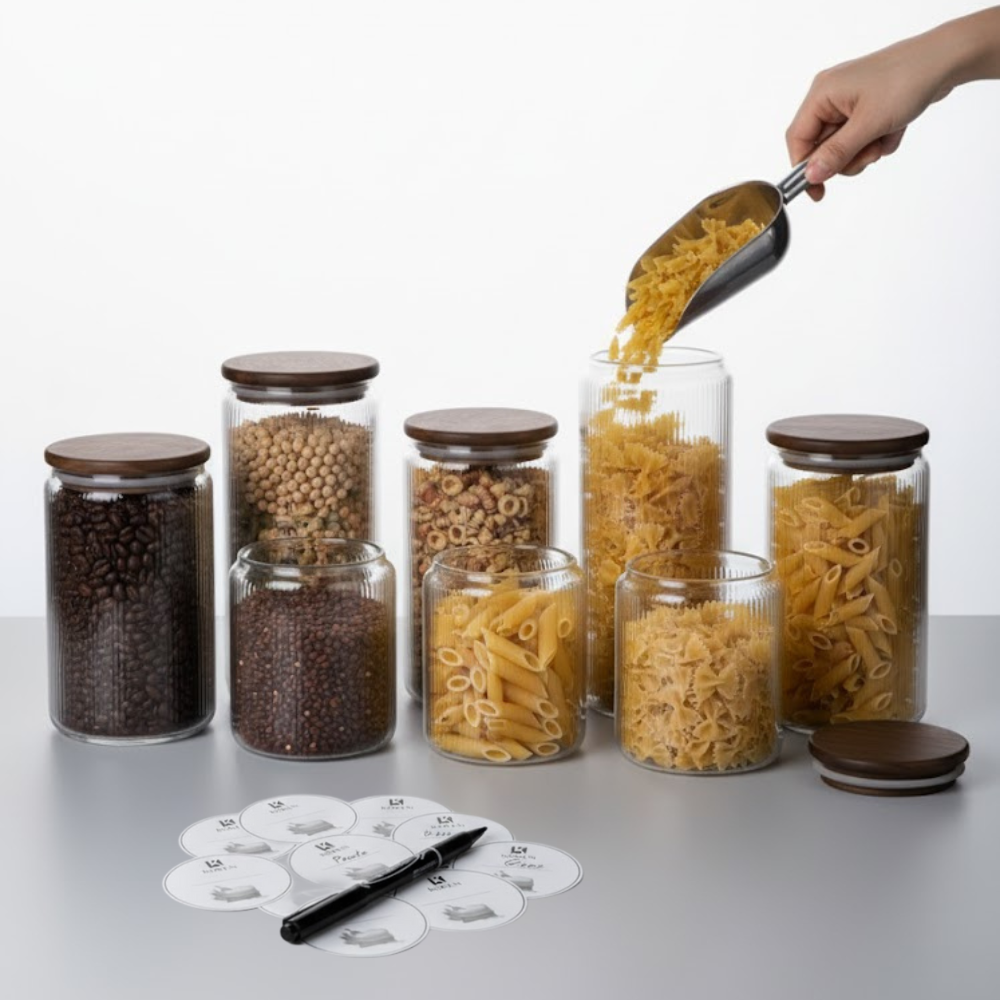 Set Borcane din sticlă borosilicată cu capac din bambus etanș Koken, Recipiente cu capac din bambus ermetic, pentru depozitarea alimentelor uscate și cerealelor