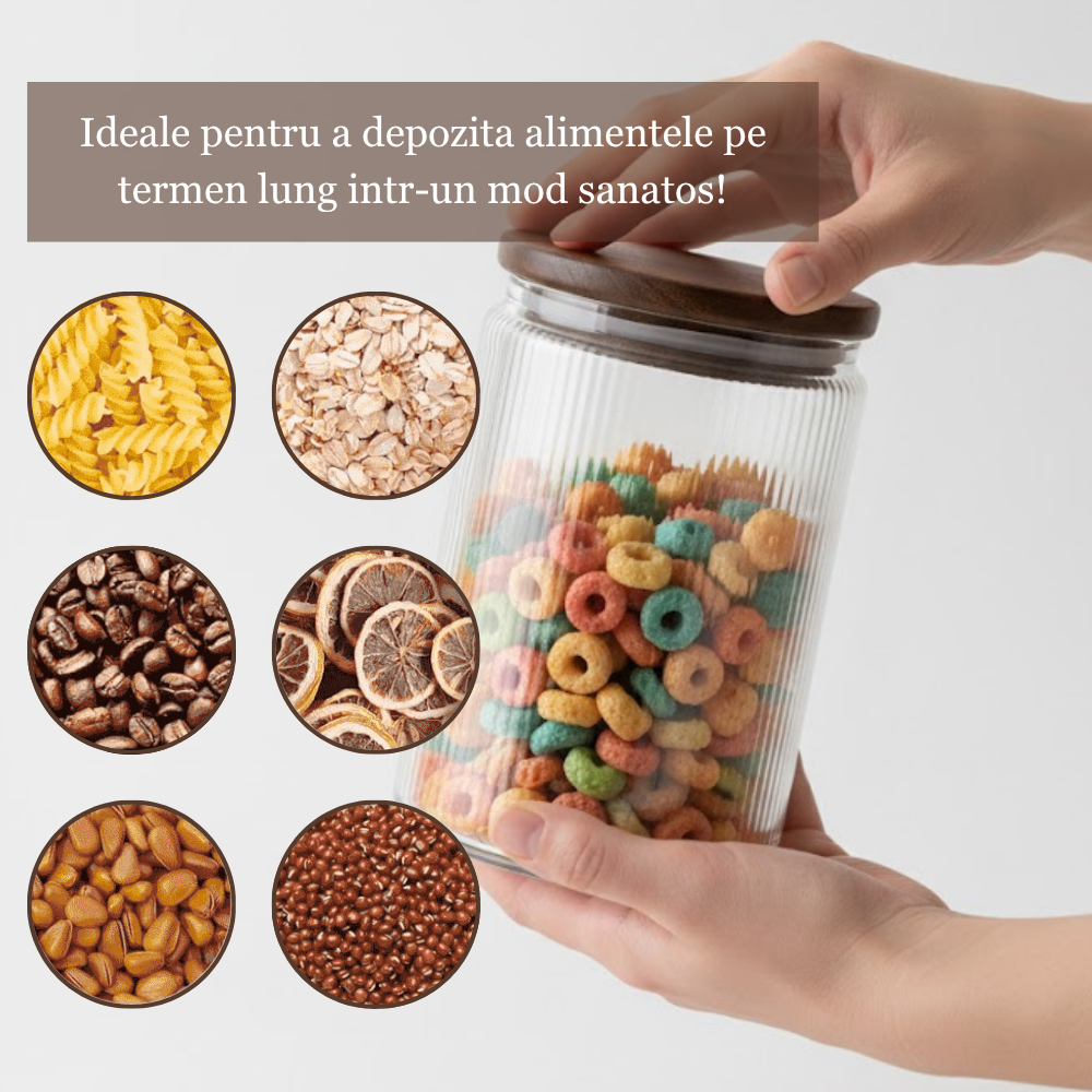 Set Borcane din sticlă borosilicată cu capac din bambus etanș Koken, Recipiente cu capac din bambus ermetic, pentru depozitarea alimentelor uscate și cerealelor