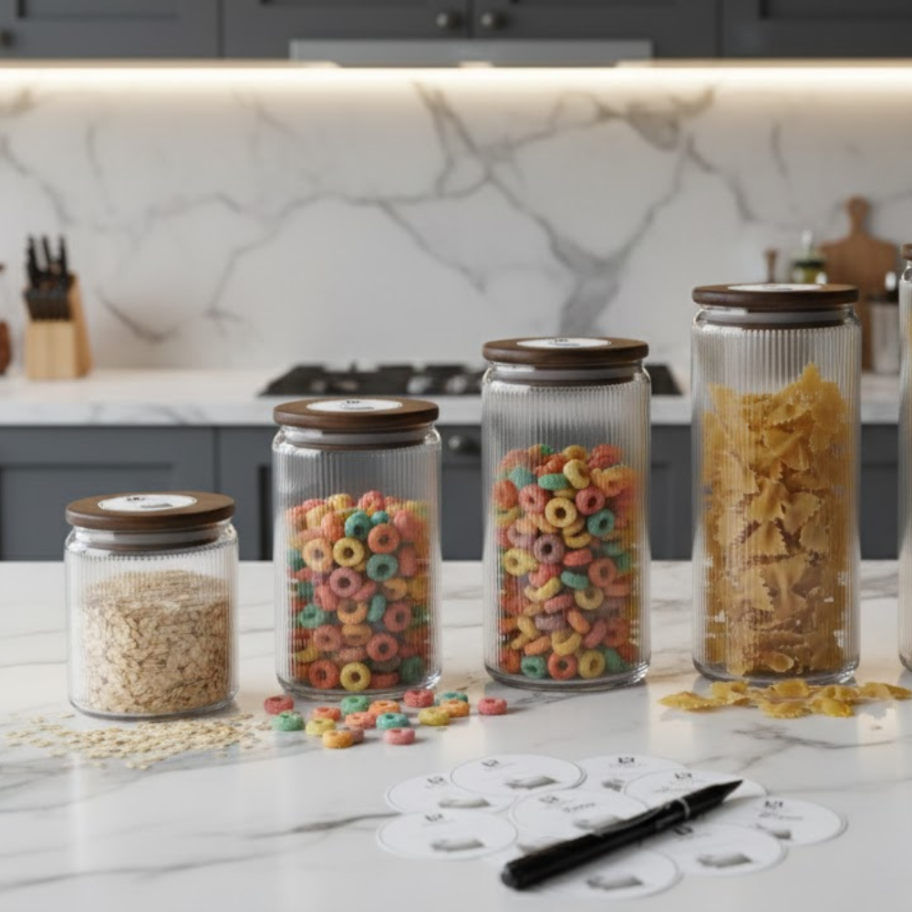 Set Recipiente din sticlă borosilicată cu capac din bambus etanș Koken, Borcane cu capac din bambus ermetic, pentru depozitarea alimentelor uscate și cerealelor