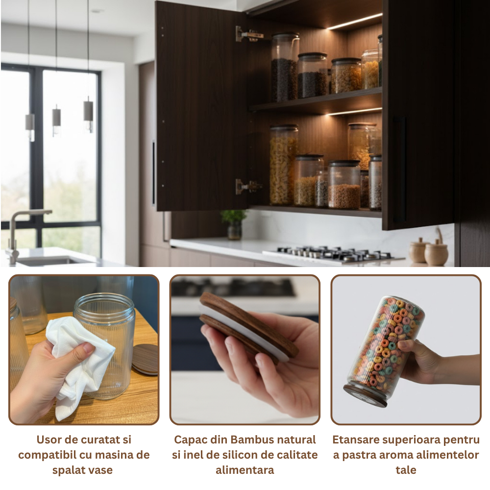 Set Borcane din sticlă borosilicată cu capac din bambus etanș Koken, Recipiente cu capac din bambus ermetic, pentru depozitarea alimentelor uscate și cerealelor