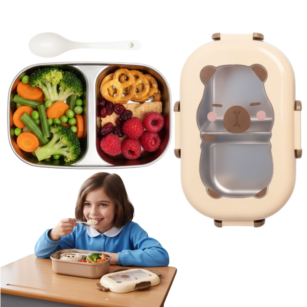 Cutie pentru pranz Koken, Lunch Inox, Caserola copii scoala cu 2 Compartimente, 22 x 15,5 x 7,5 cm, Lingura inclusa, Caserola pentru mancare, Roz/Bej