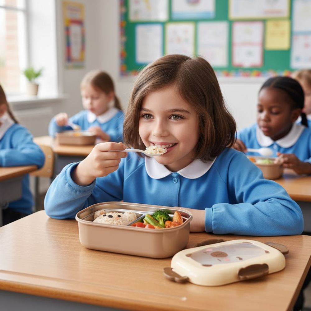 Cutie pentru pranz Koken, Lunch Inox, Caserola copii scoala cu 2 Compartimente, 22 x 15,5 x 7,5 cm, Lingura inclusa, Caserola pentru mancare, Roz/Bej