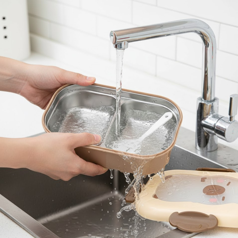 Cutie pentru pranz Koken, Lunch Inox, Caserola copii scoala cu 2 Compartimente, 22 x 15,5 x 7,5 cm, Lingura inclusa, Caserola pentru mancare, Roz/Bej