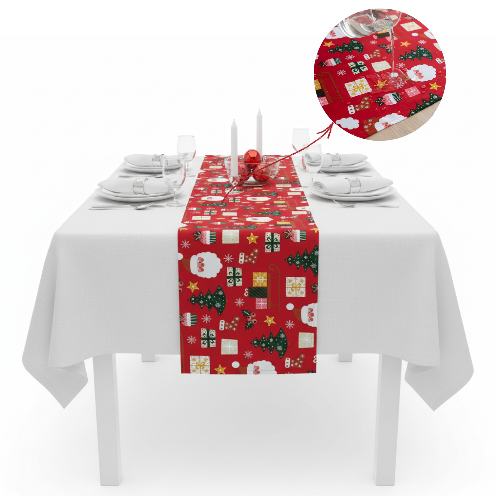 Traversa de masa 180x40cm, din bumbac, Koken, Impermiabila, fata de masa imprimeu Craciun 3D, Rezistenta la pete si murdarie, Rosie