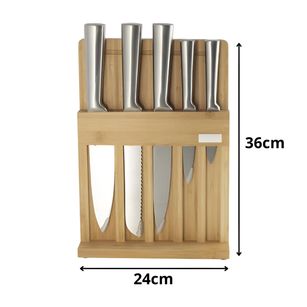 Set universal 5 cutite otel inoxidabil pentru bucatarie Koken cu suport si tocator din bambus, ultra-ascutite, 7 piese