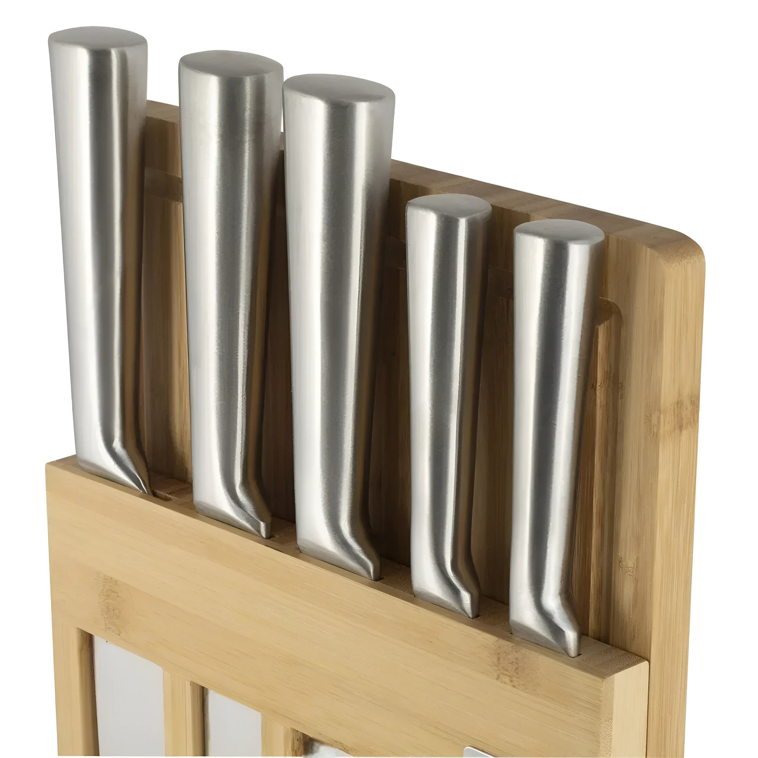 Set universal 5 cutite otel inoxidabil pentru bucatarie Koken cu suport si tocator din bambus, ultra-ascutite, 7 piese