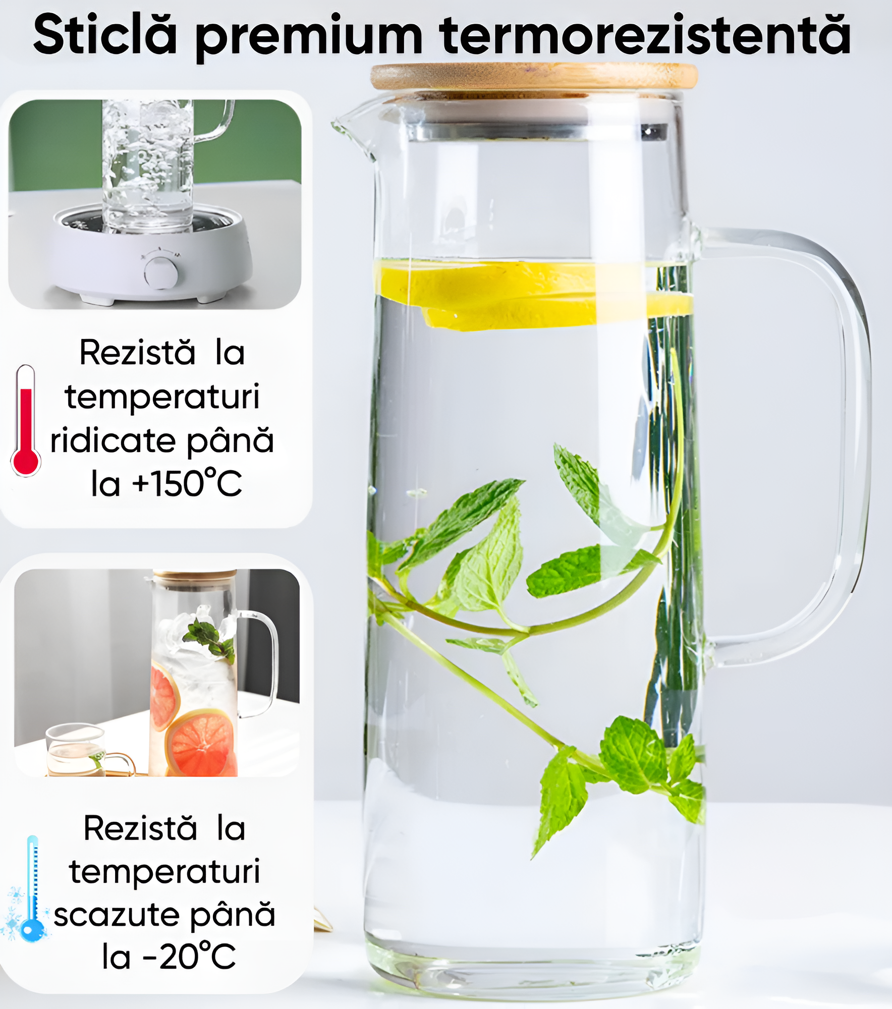 Koken Borosilicate Glass Water Carafe, Container with Bamboo and Stainless Steel Lid, Jug 26 x 8.5 cm, 1500ml, Transparent/Wood