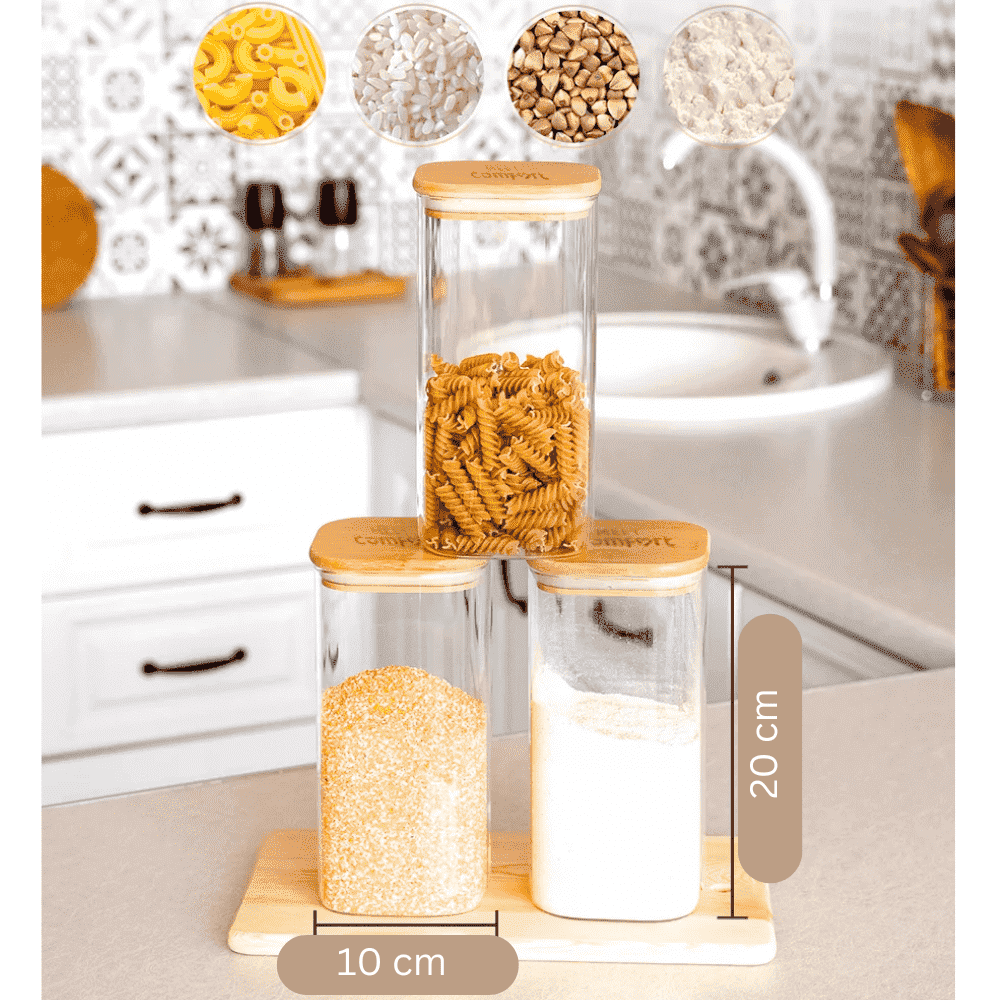 Set 14 Recipiente pătrate din sticlă borosilicată cu capac din bambus etanș Koken, pentru depozitarea alimentelor uscate și cerealelor