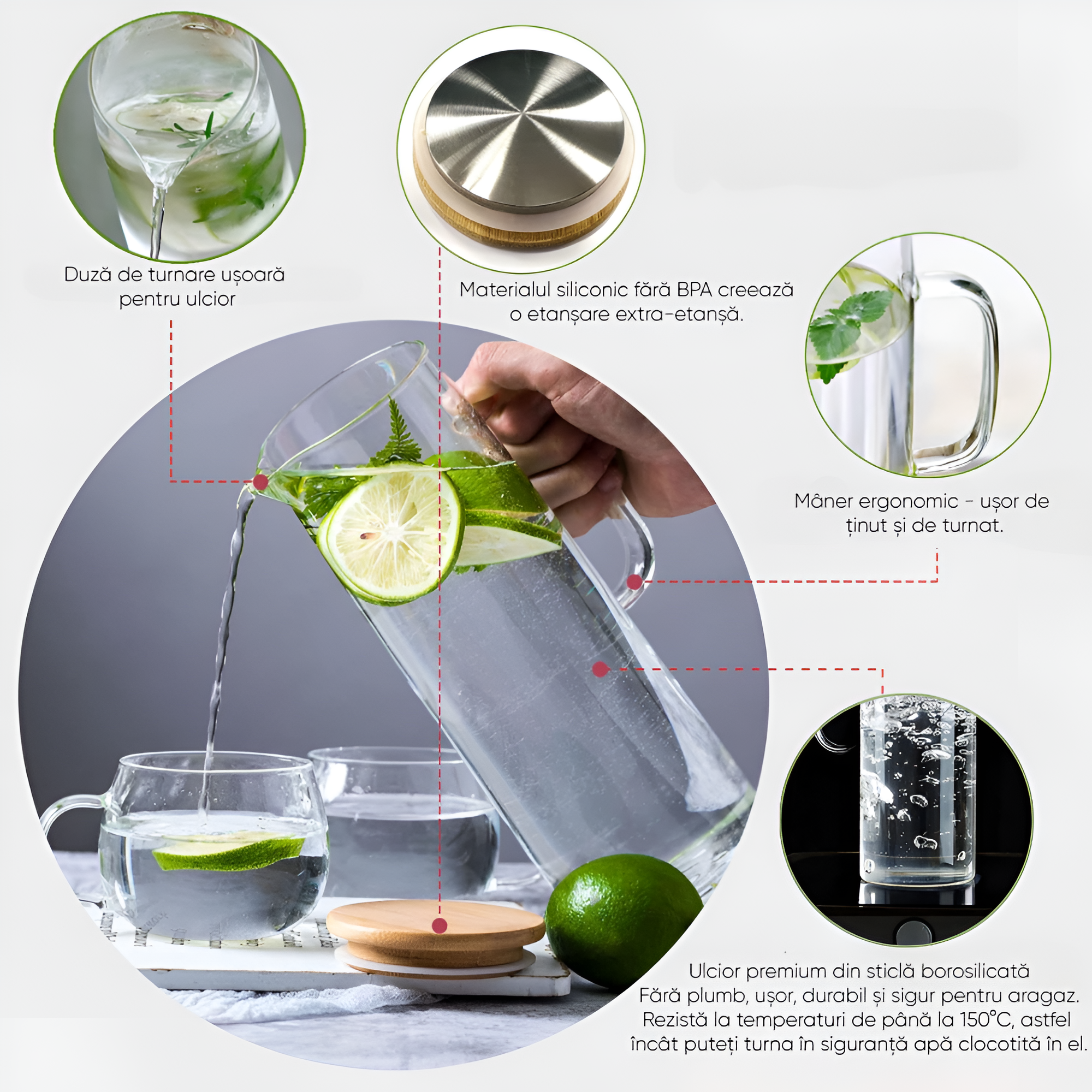Koken Borosilicate Glass Water Carafe, Container with Bamboo and Stainless Steel Lid, Jug 26 x 8.5 cm, 1500ml, Transparent/Wood
