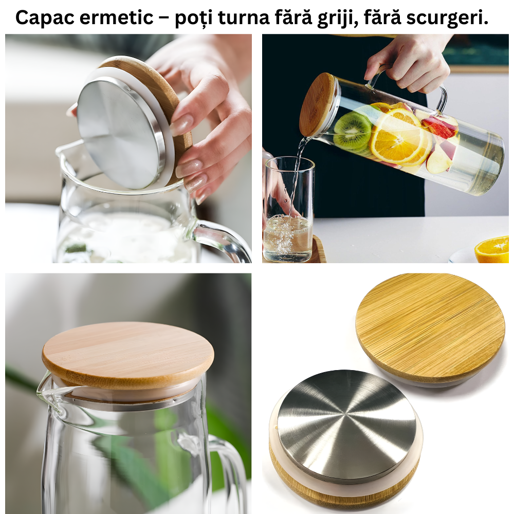 Koken Borosilicate Glass Water Carafe, Container with Bamboo and Stainless Steel Lid, Jug 26 x 8.5 cm, 1500ml, Transparent/Wood